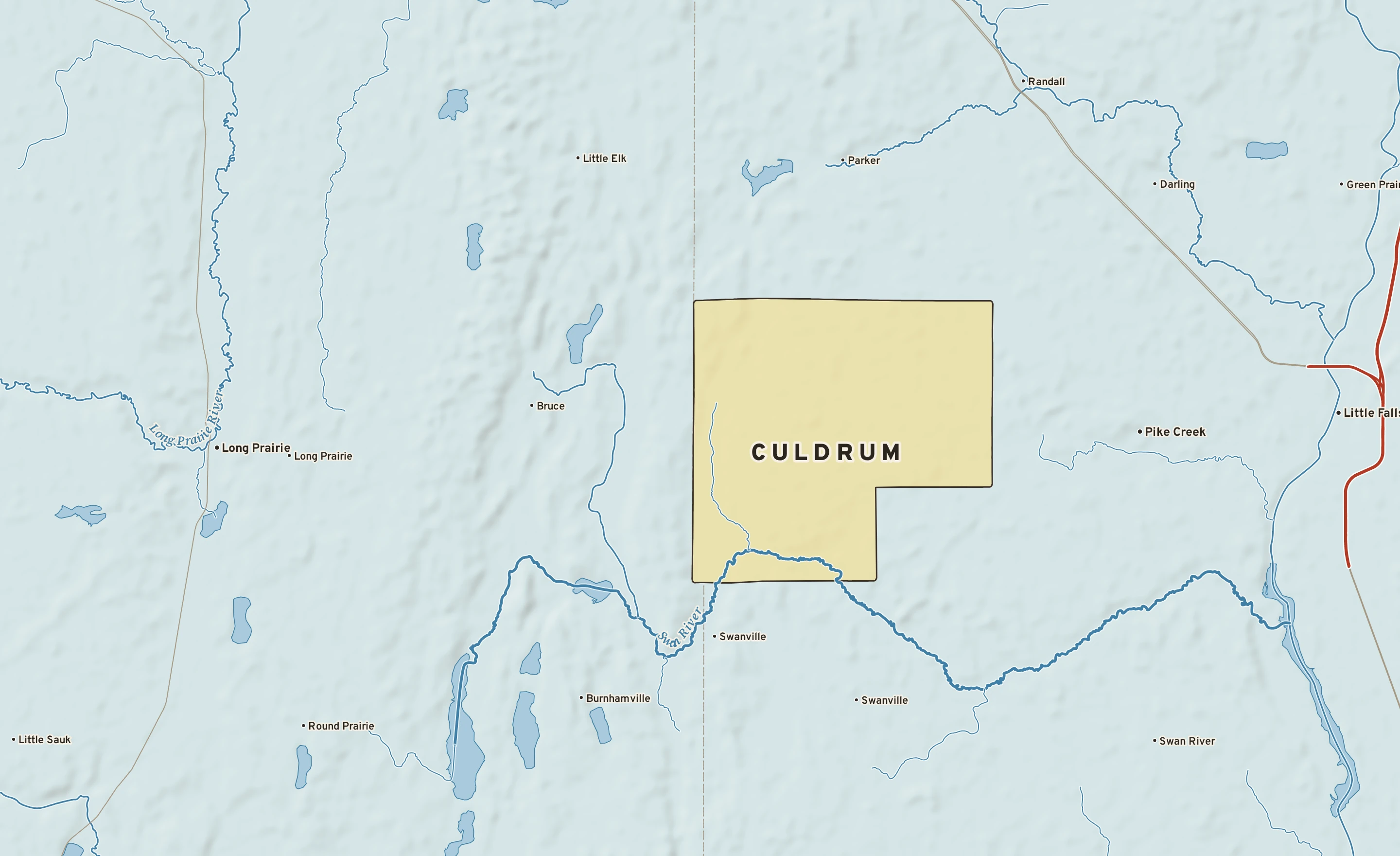 Shaded-relief atlas plate of Culdrum, Minnesota: rivers, roads, the city limits and where the water drains.