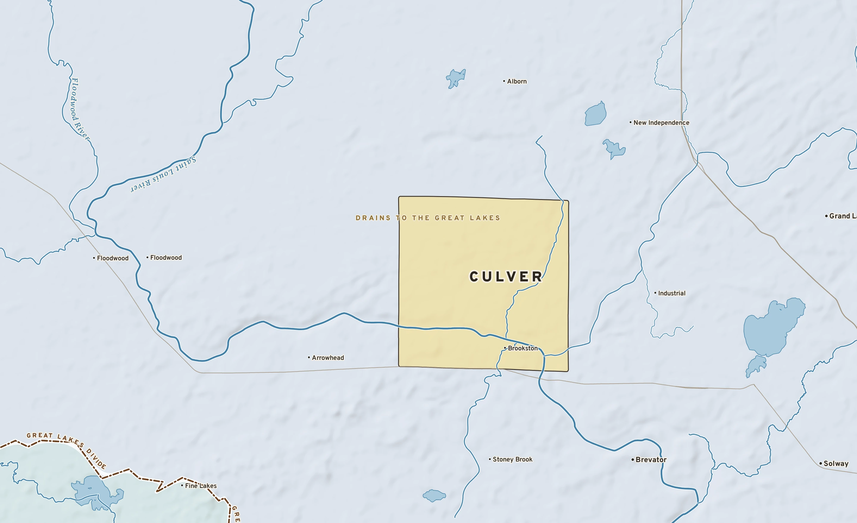 Shaded-relief atlas plate of Culver, Minnesota: rivers, roads, the city limits and where the water drains.