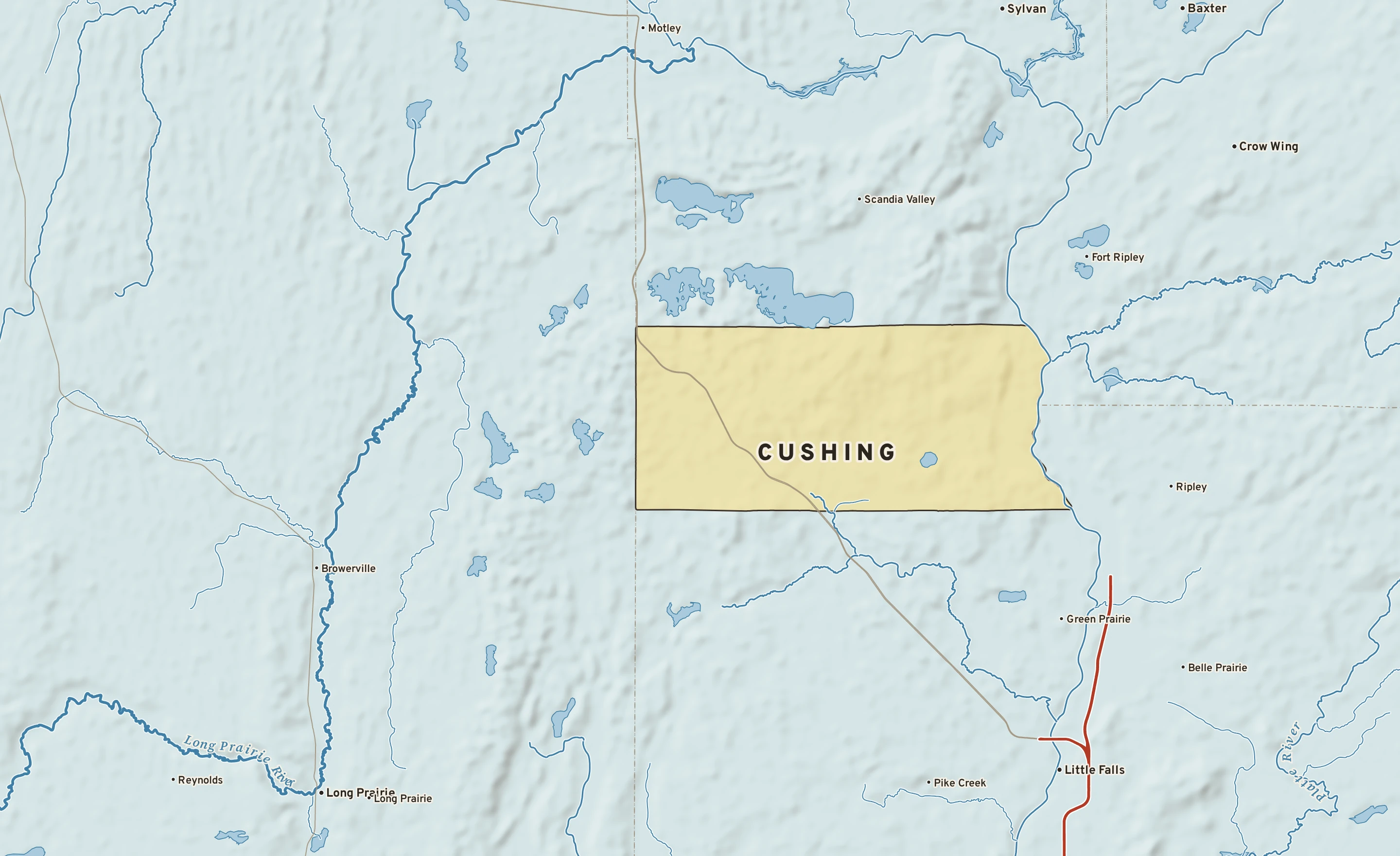Shaded-relief atlas plate of Cushing, Minnesota: rivers, roads, the city limits and where the water drains.