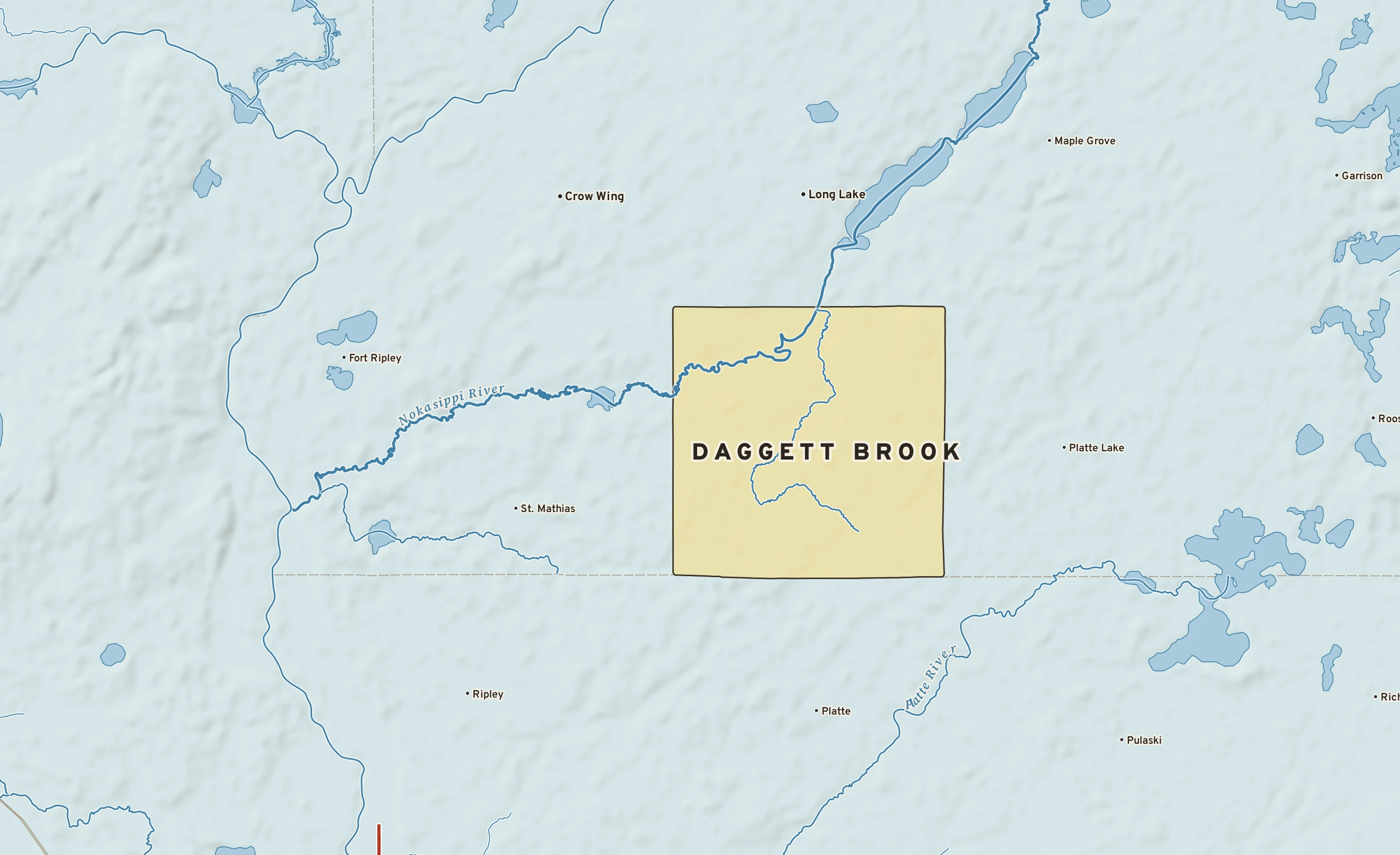 Shaded-relief atlas plate of Daggett Brook, Minnesota: rivers, roads, the city limits and where the water drains.