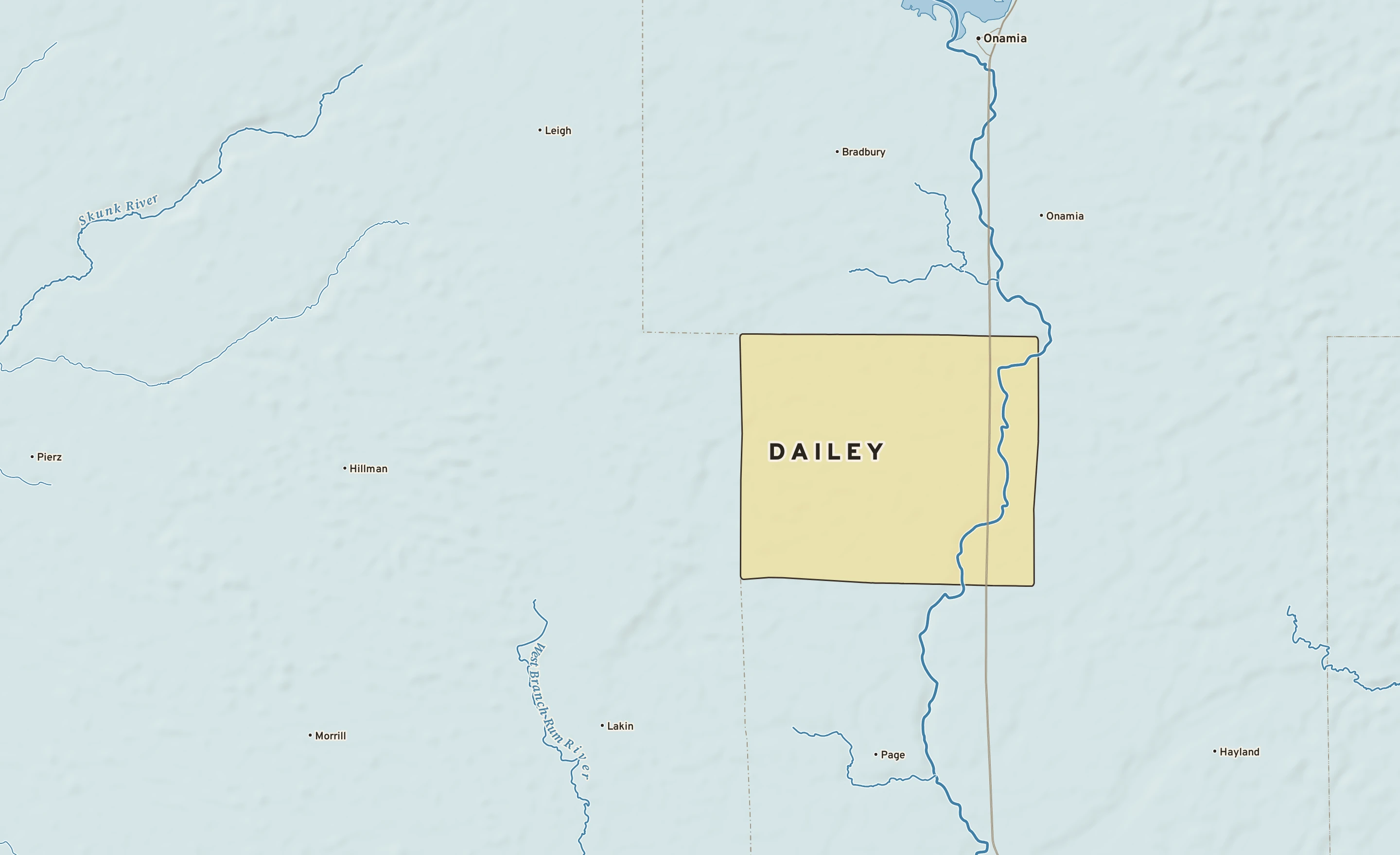 Shaded-relief atlas plate of Dailey, Minnesota: rivers, roads, the city limits and where the water drains.