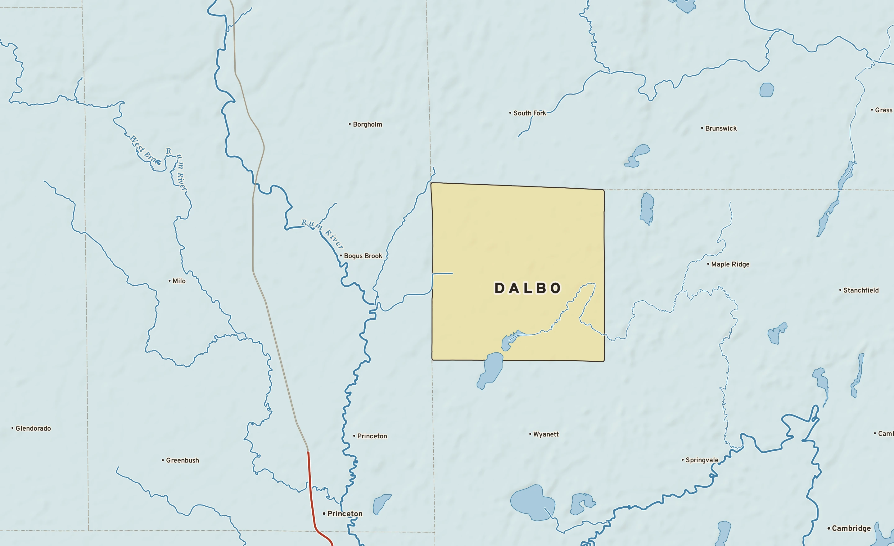 Shaded-relief atlas plate of Dalbo, Minnesota: rivers, roads, the city limits and where the water drains.