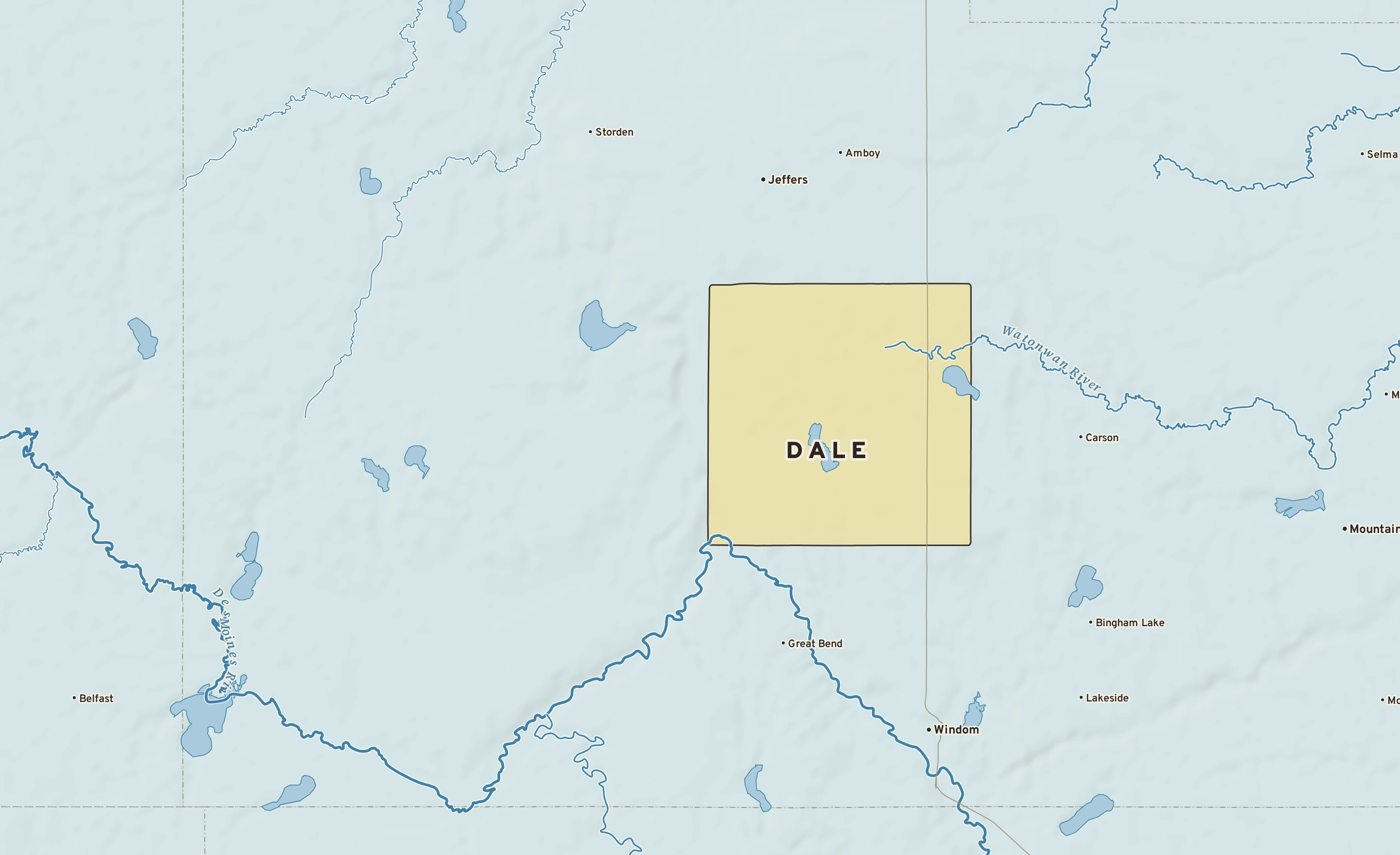Shaded-relief atlas plate of Dale, Minnesota: rivers, roads, the city limits and where the water drains.