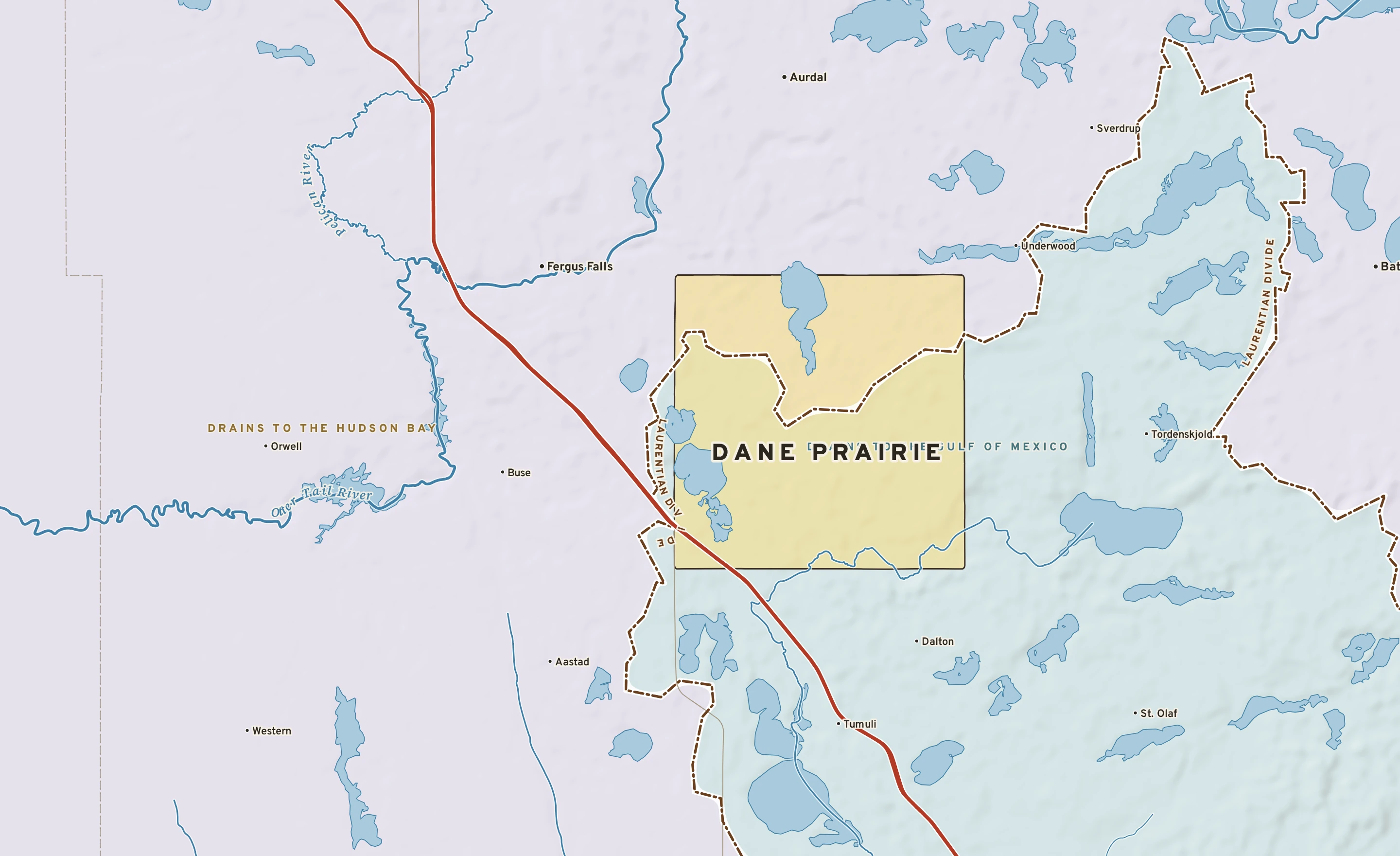 Shaded-relief atlas plate of Dane Prairie, Minnesota: rivers, roads, the city limits and where the water drains.