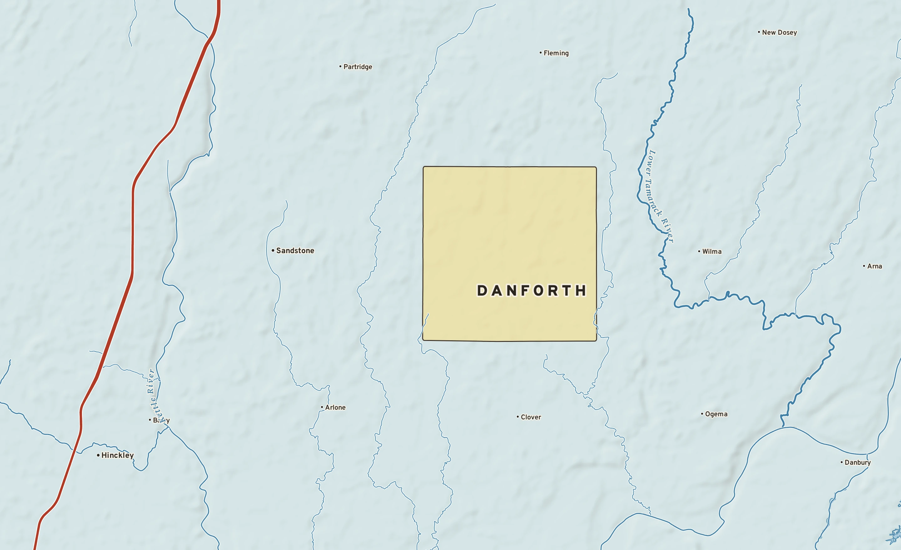 Shaded-relief atlas plate of Danforth, Minnesota: rivers, roads, the city limits and where the water drains.