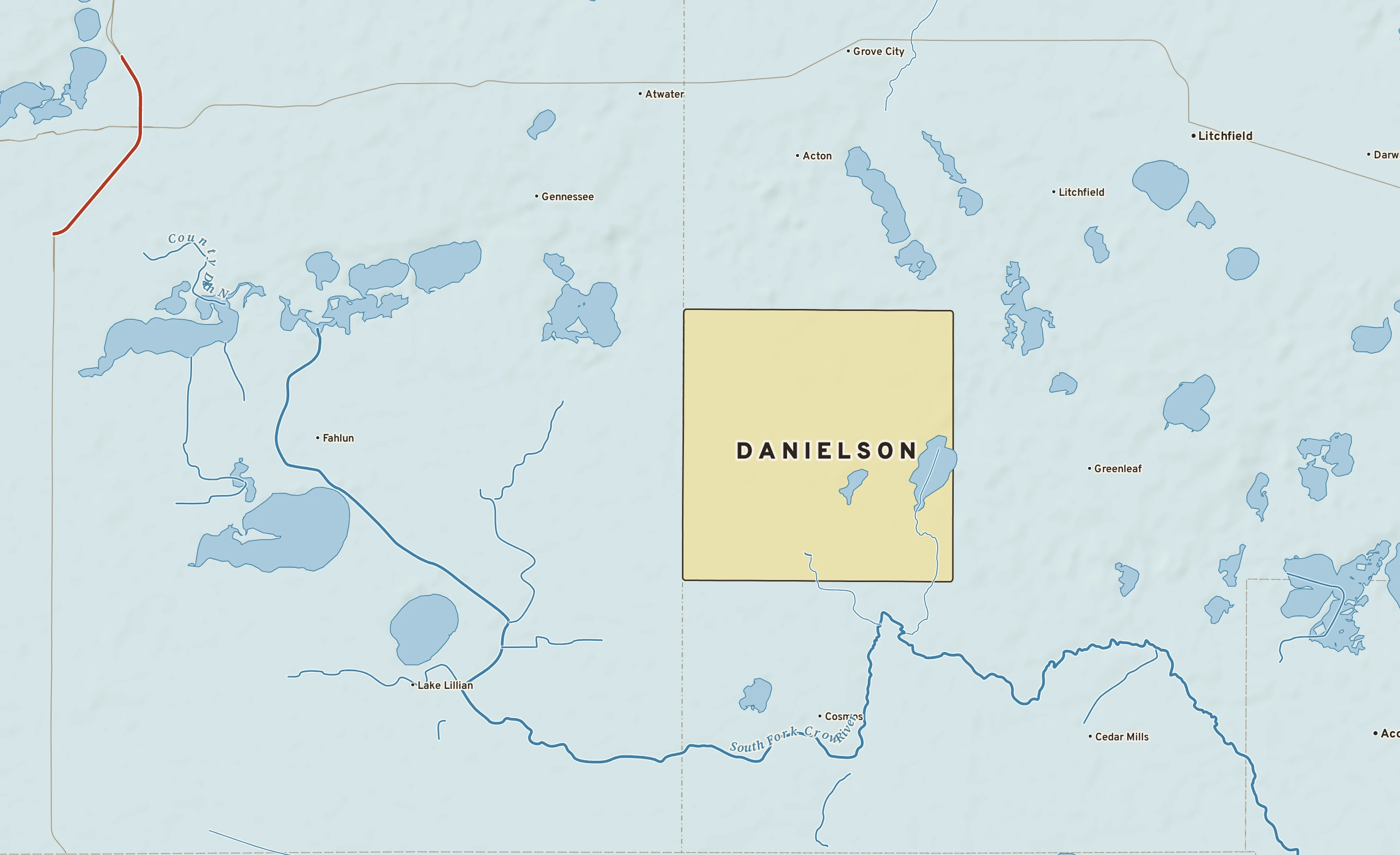 Shaded-relief atlas plate of Danielson, Minnesota: rivers, roads, the city limits and where the water drains.