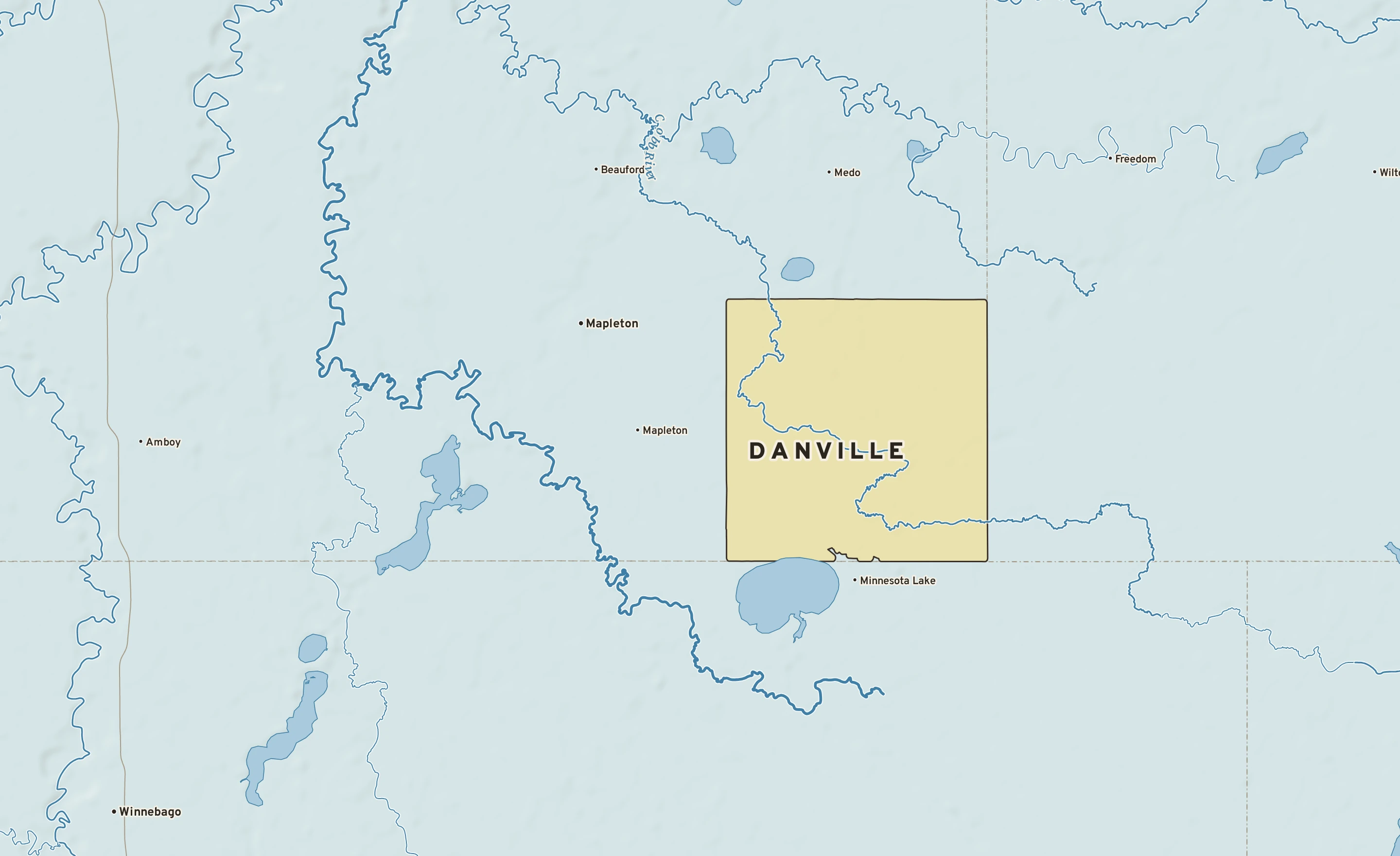 Shaded-relief atlas plate of Danville, Minnesota: rivers, roads, the city limits and where the water drains.