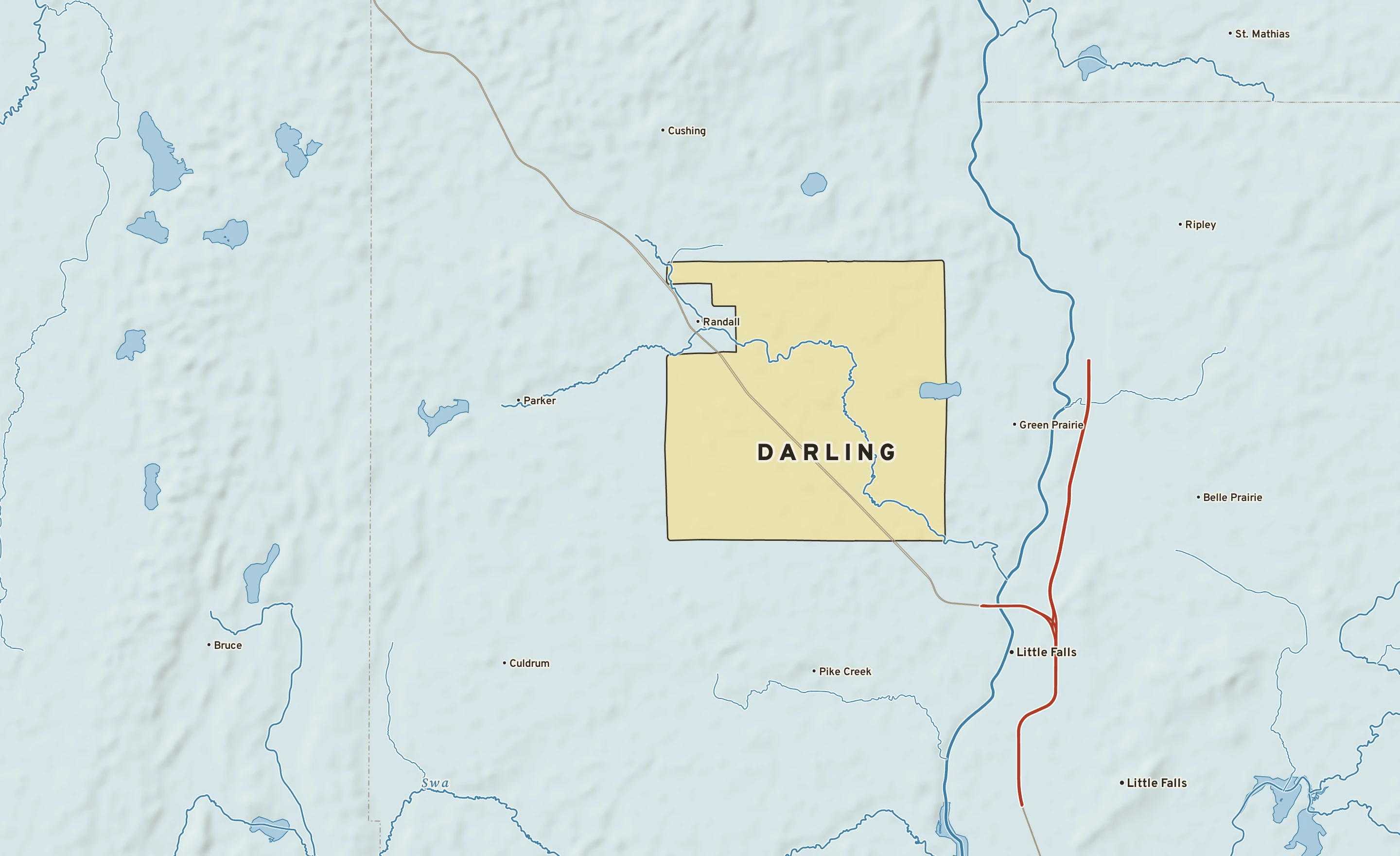 Shaded-relief atlas plate of Darling, Minnesota: rivers, roads, the city limits and where the water drains.