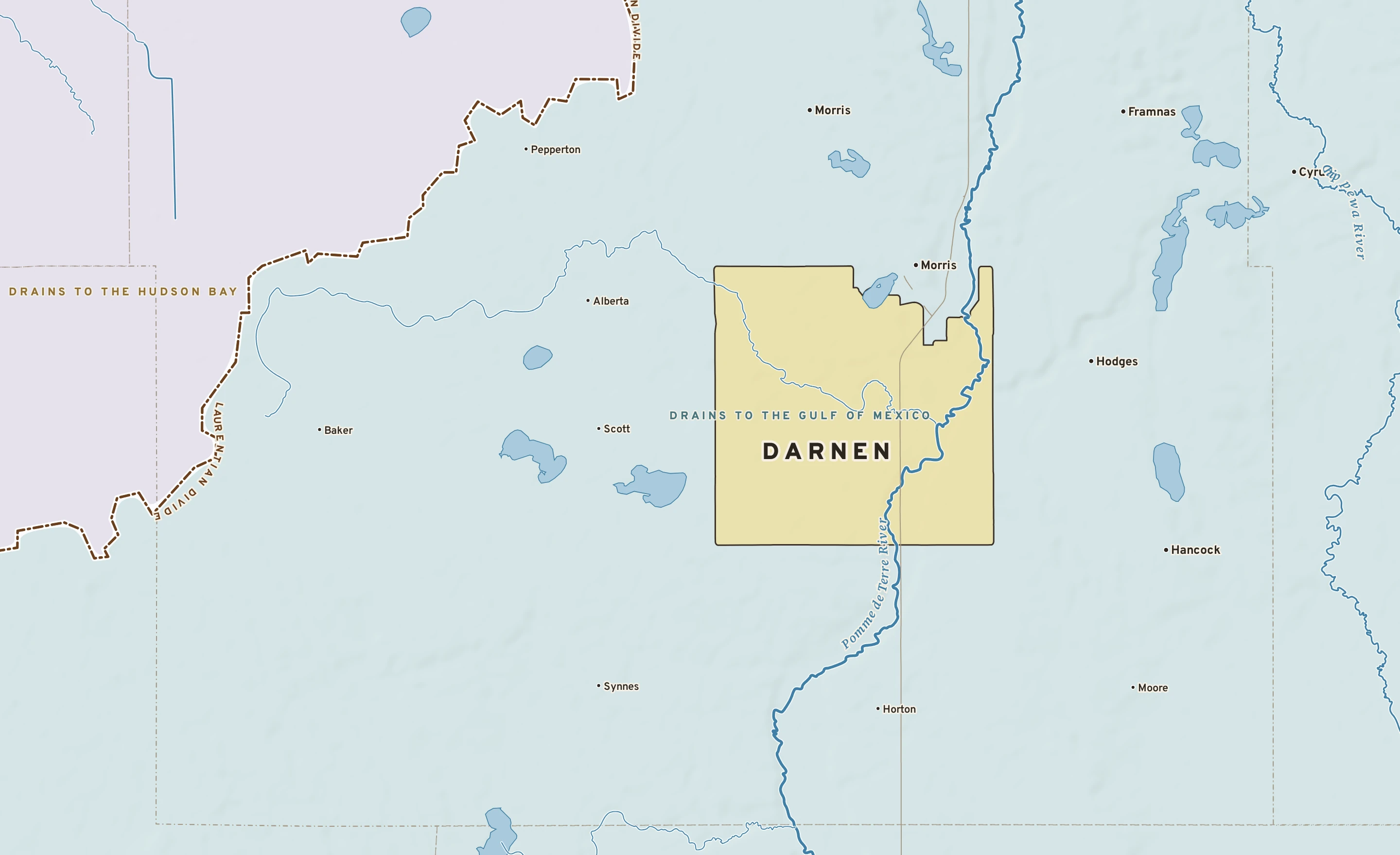 Shaded-relief atlas plate of Darnen, Minnesota: rivers, roads, the city limits and where the water drains.
