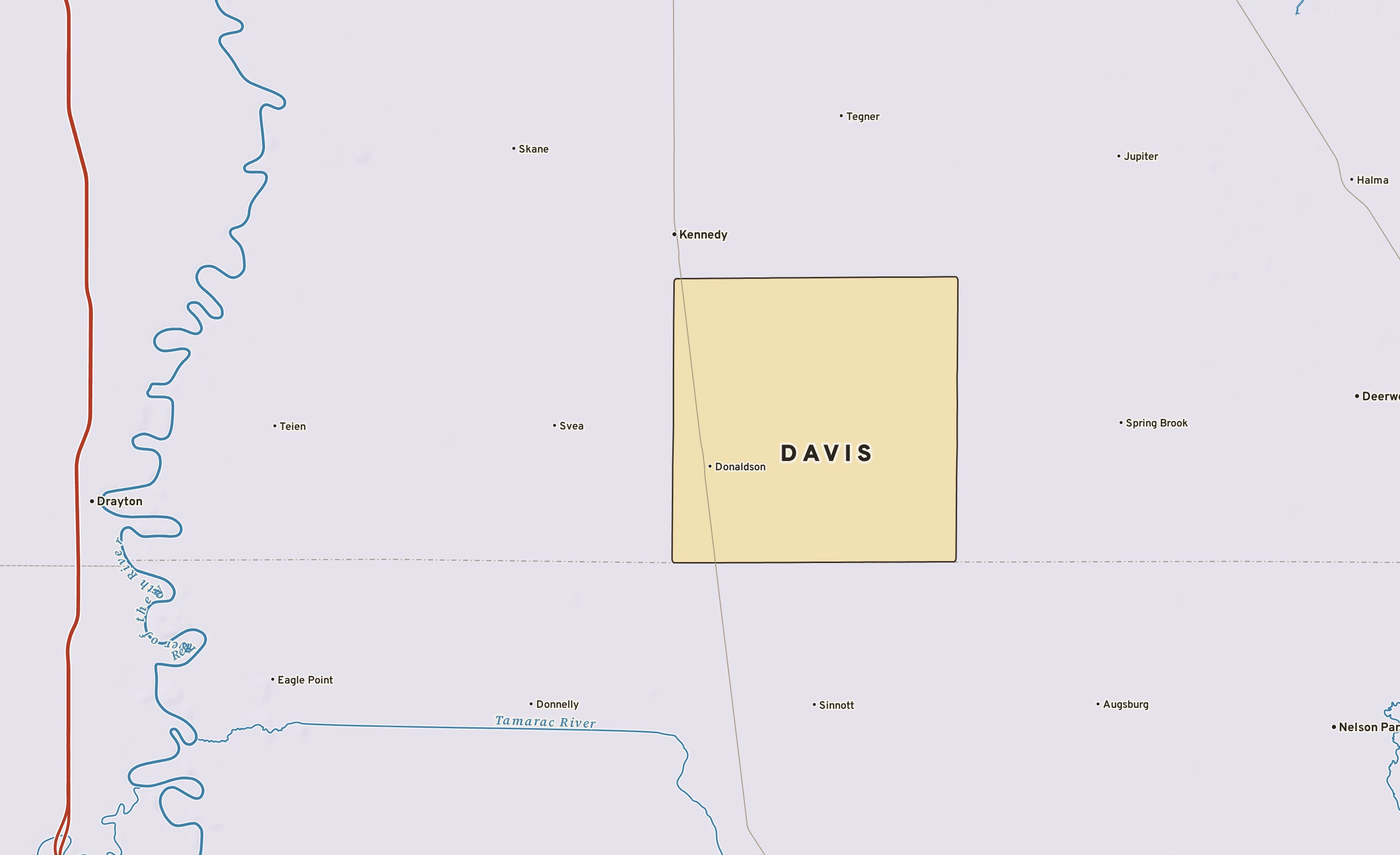 Shaded-relief atlas plate of Davis, Minnesota: rivers, roads, the city limits and where the water drains.