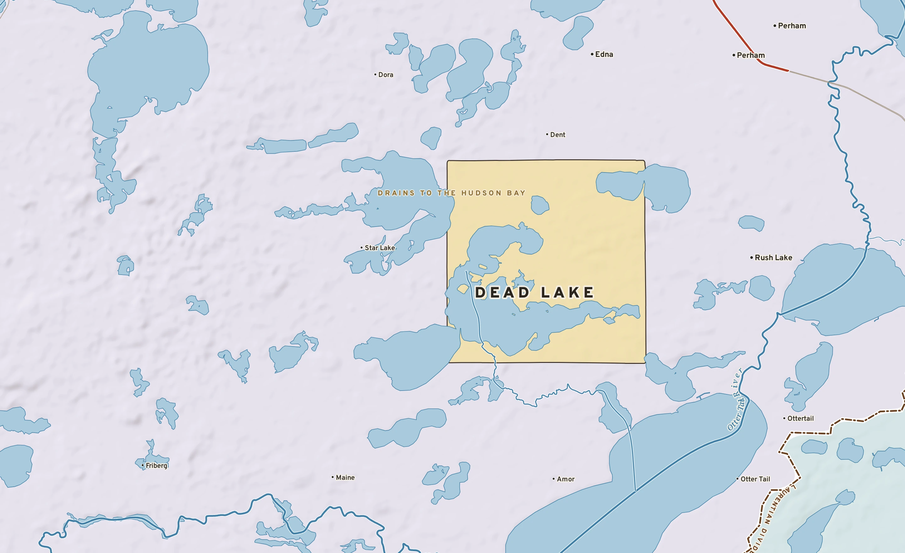 Shaded-relief atlas plate of Dead Lake, Minnesota: rivers, roads, the city limits and where the water drains.