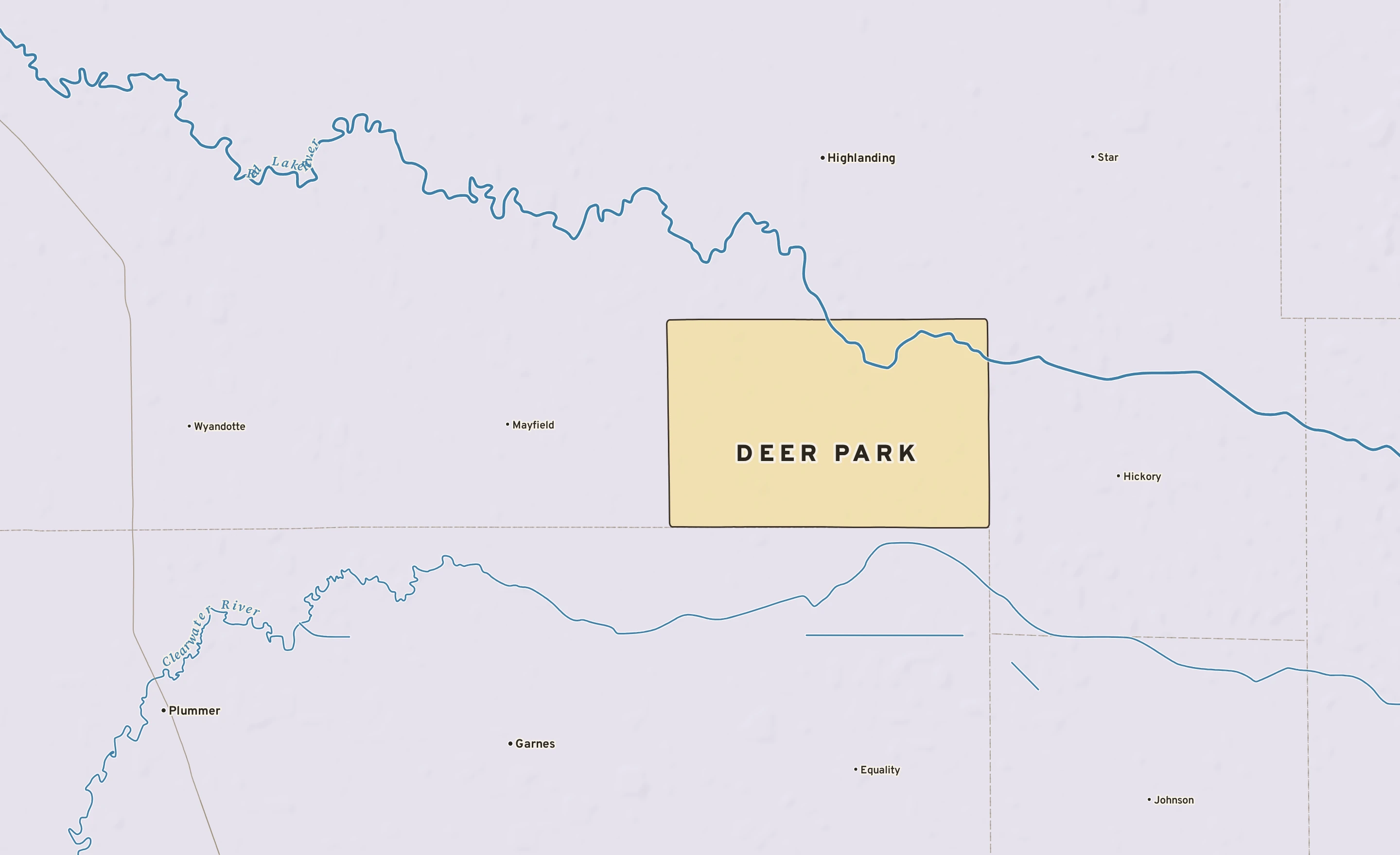 Shaded-relief atlas plate of Deer Park, Minnesota: rivers, roads, the city limits and where the water drains.