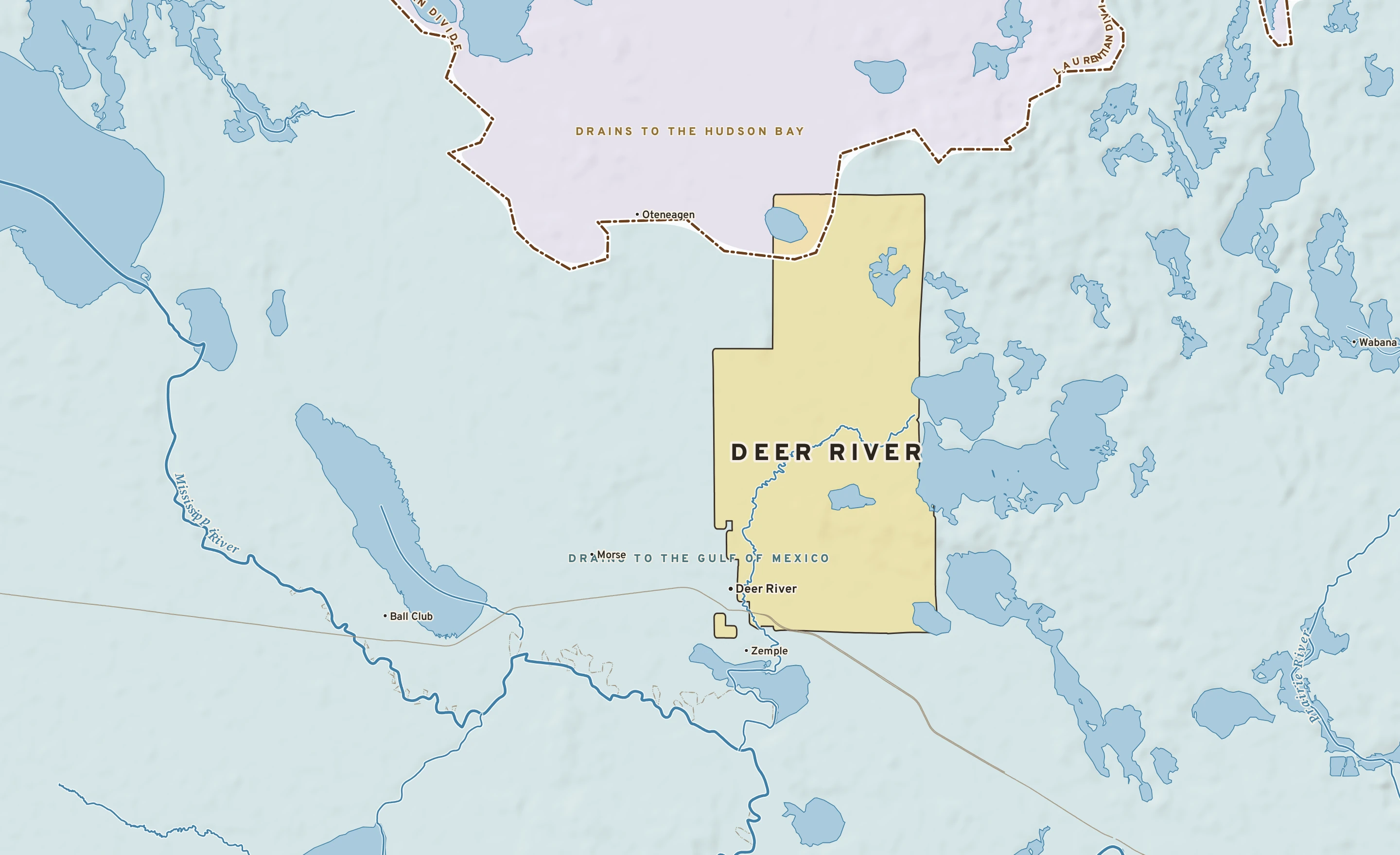 Shaded-relief atlas plate of Deer River, Minnesota: rivers, roads, the city limits and where the water drains.