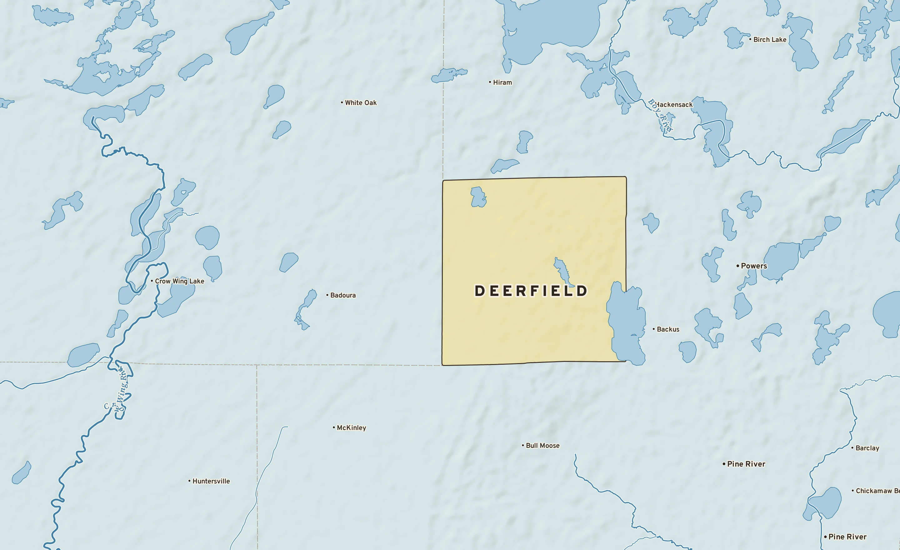 Shaded-relief atlas plate of Deerfield, Minnesota: rivers, roads, the city limits and where the water drains.