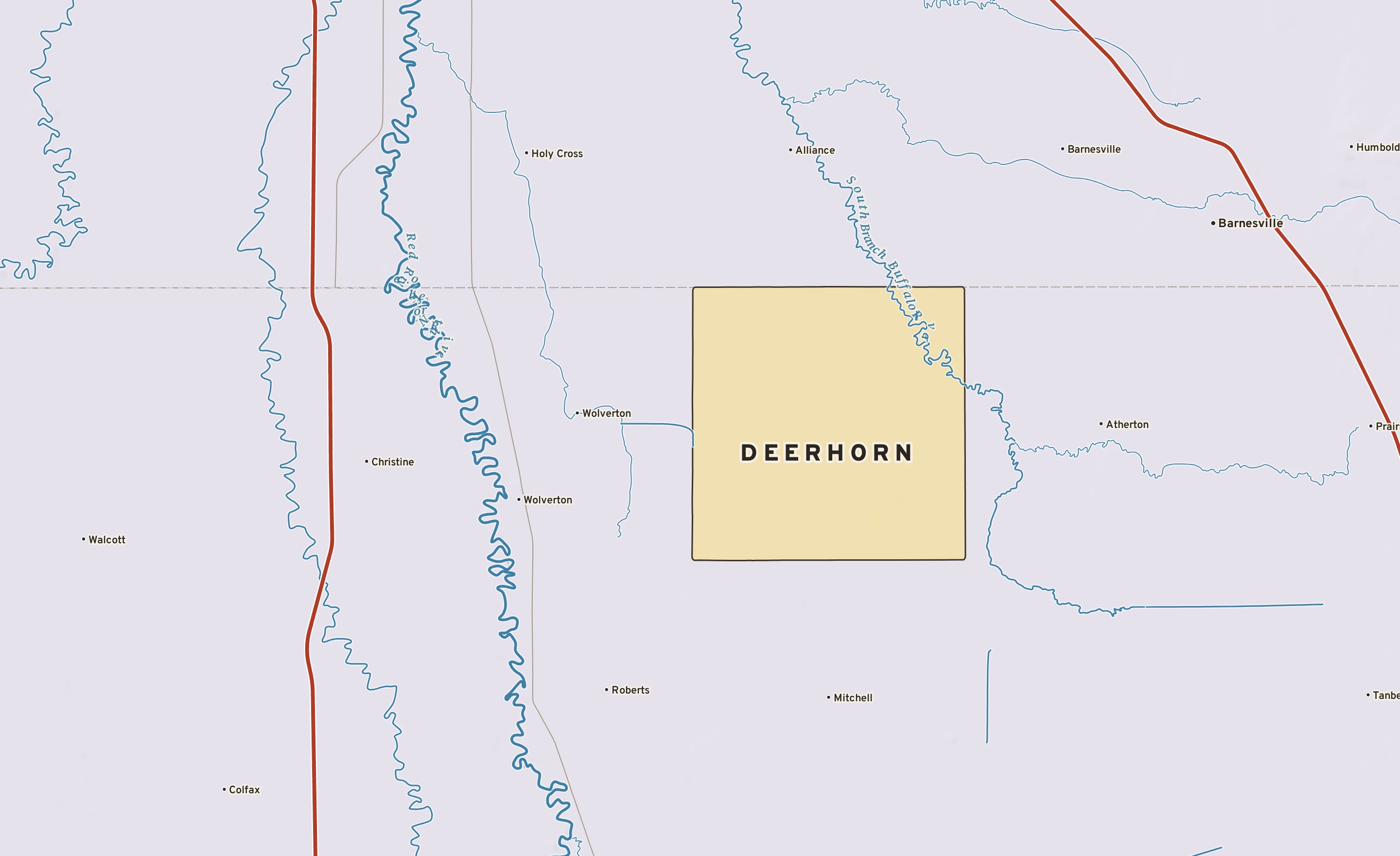 Shaded-relief atlas plate of Deerhorn, Minnesota: rivers, roads, the city limits and where the water drains.