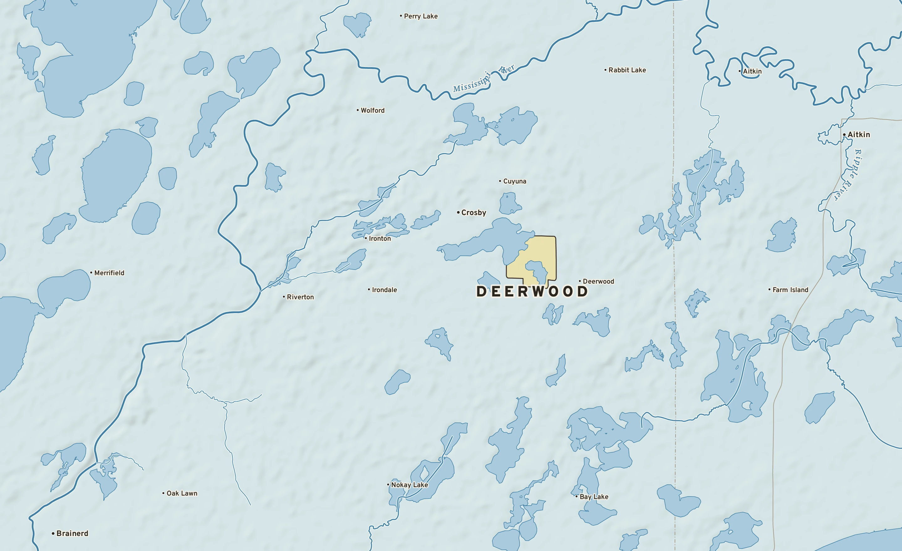 Shaded-relief atlas plate of Deerwood, Minnesota: rivers, roads, the city limits and where the water drains.
