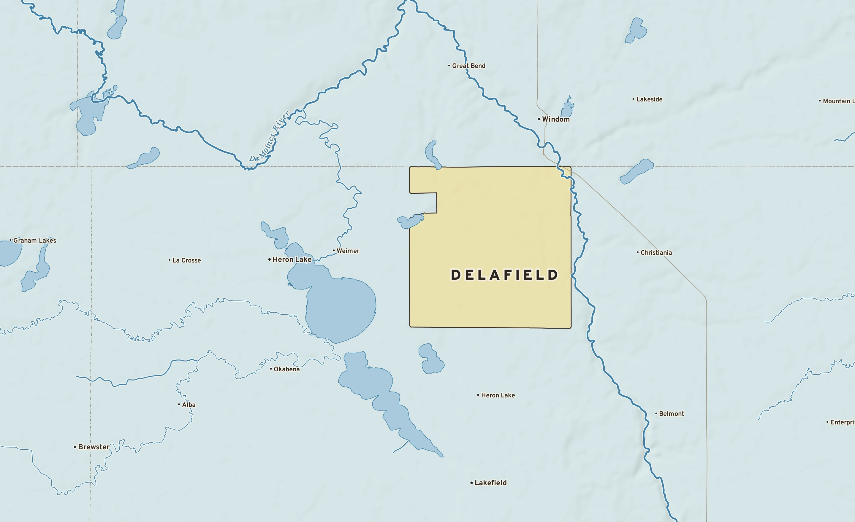 Shaded-relief atlas plate of Delafield, Minnesota: rivers, roads, the city limits and where the water drains.