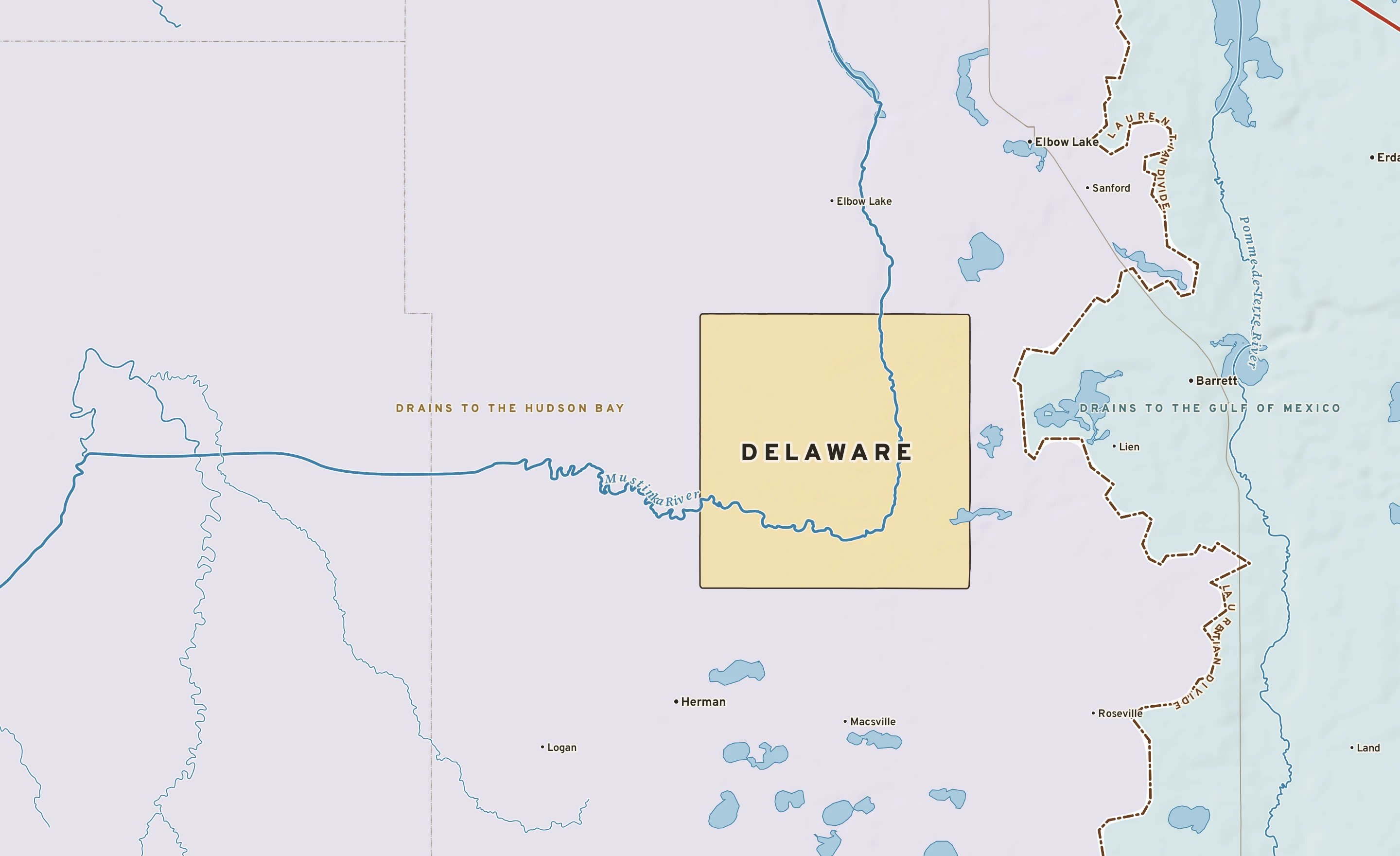 Shaded-relief atlas plate of Delaware, Minnesota: rivers, roads, the city limits and where the water drains.
