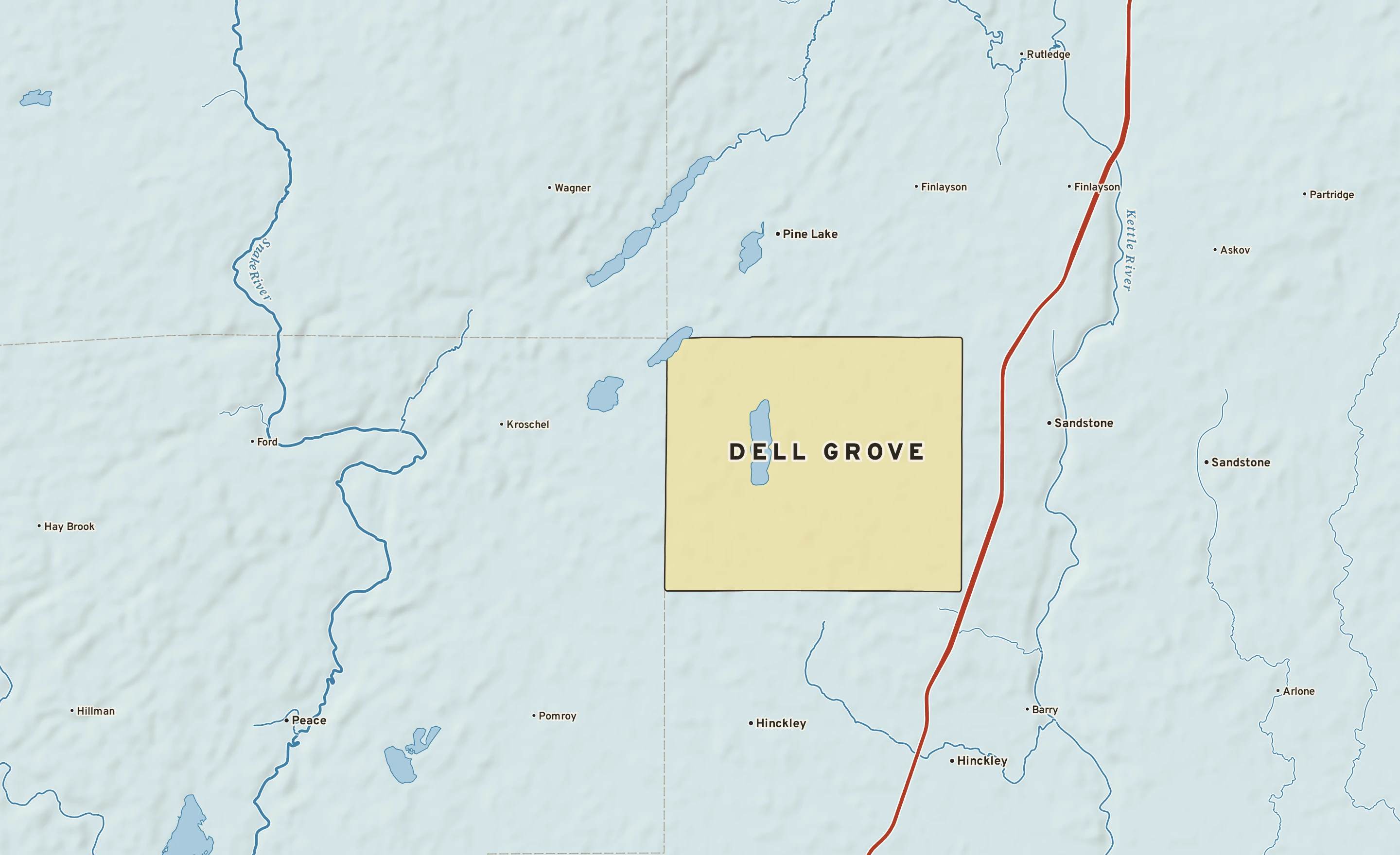 Shaded-relief atlas plate of Dell Grove, Minnesota: rivers, roads, the city limits and where the water drains.