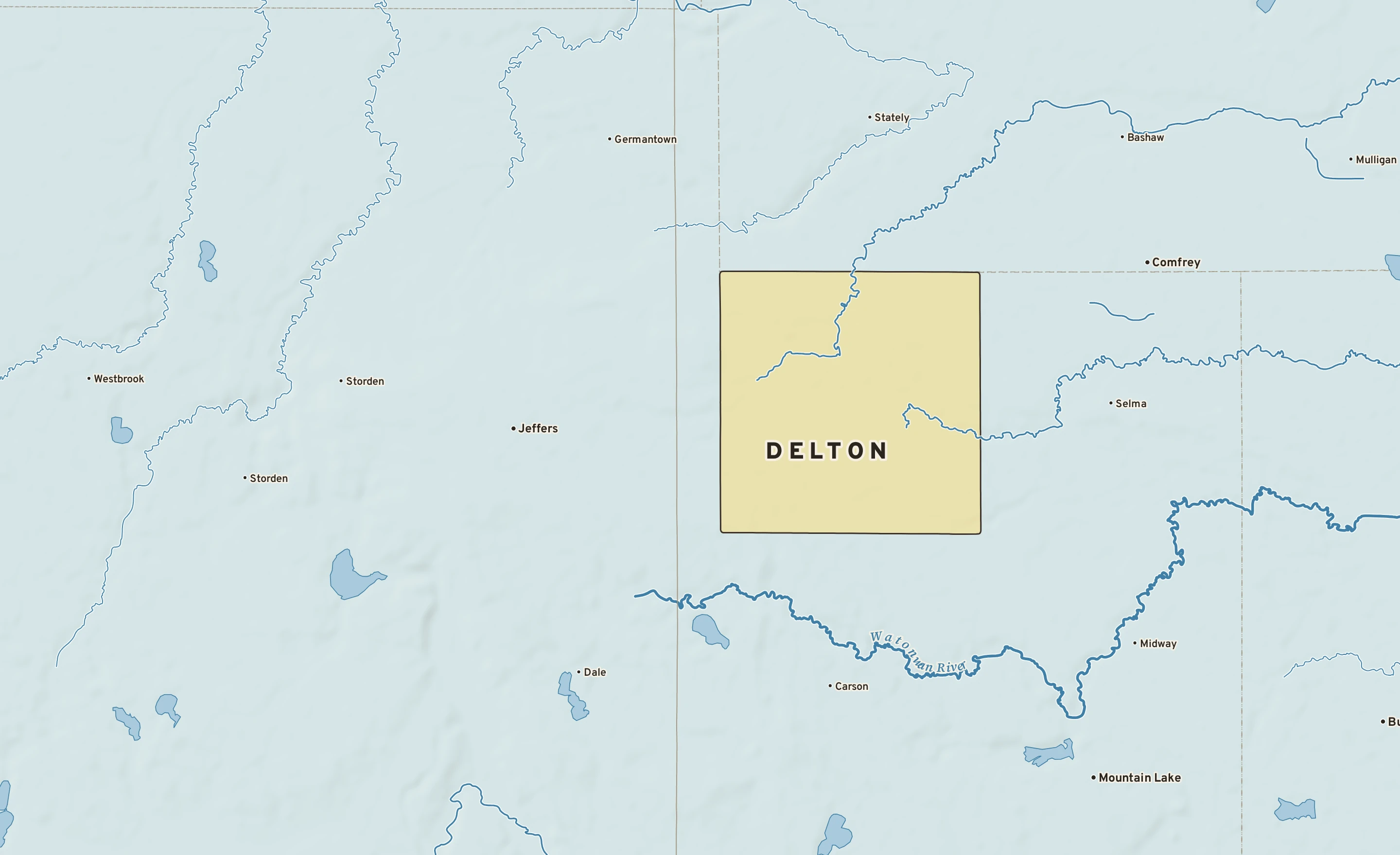 Shaded-relief atlas plate of Delton, Minnesota: rivers, roads, the city limits and where the water drains.