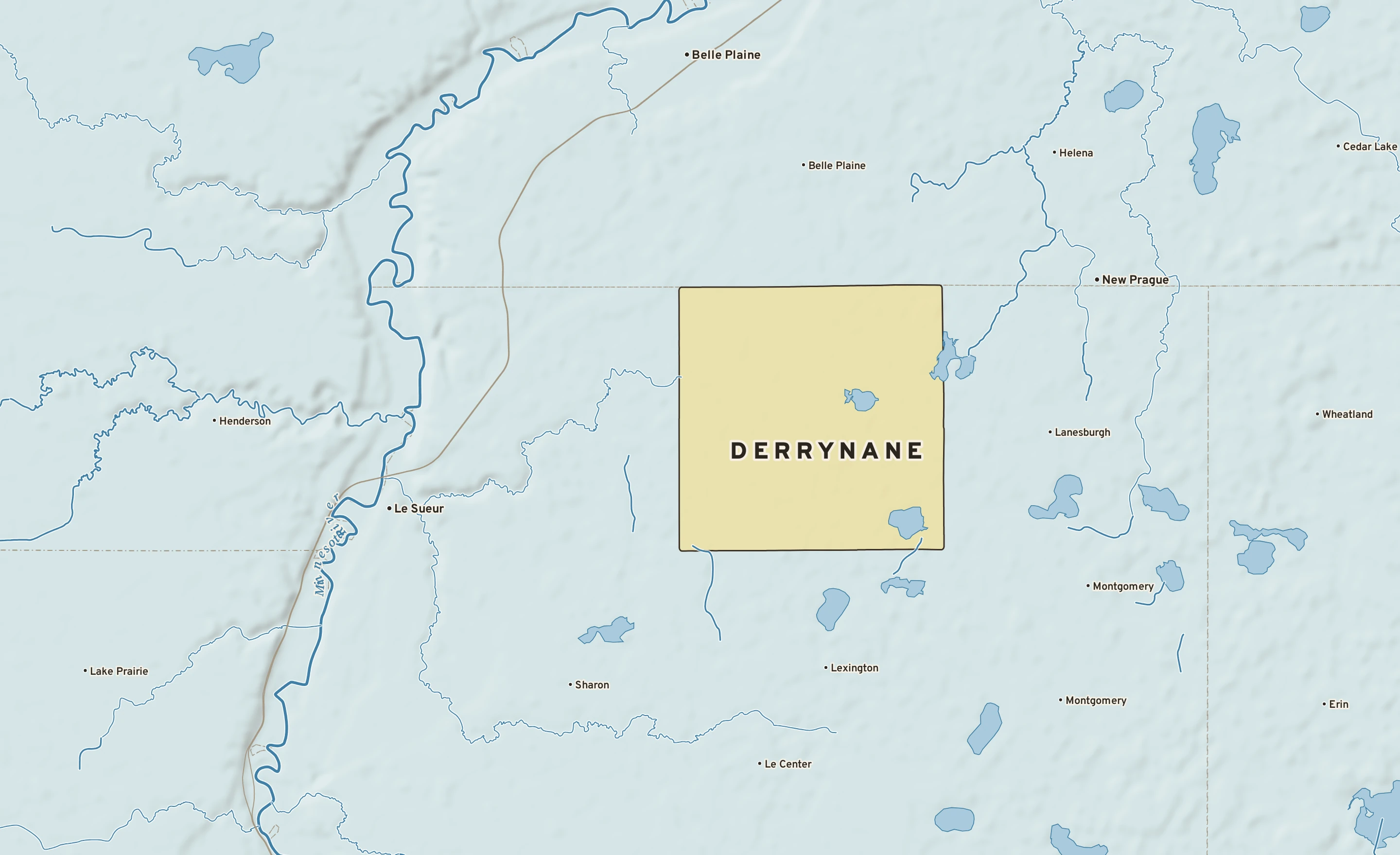 Shaded-relief atlas plate of Derrynane, Minnesota: rivers, roads, the city limits and where the water drains.