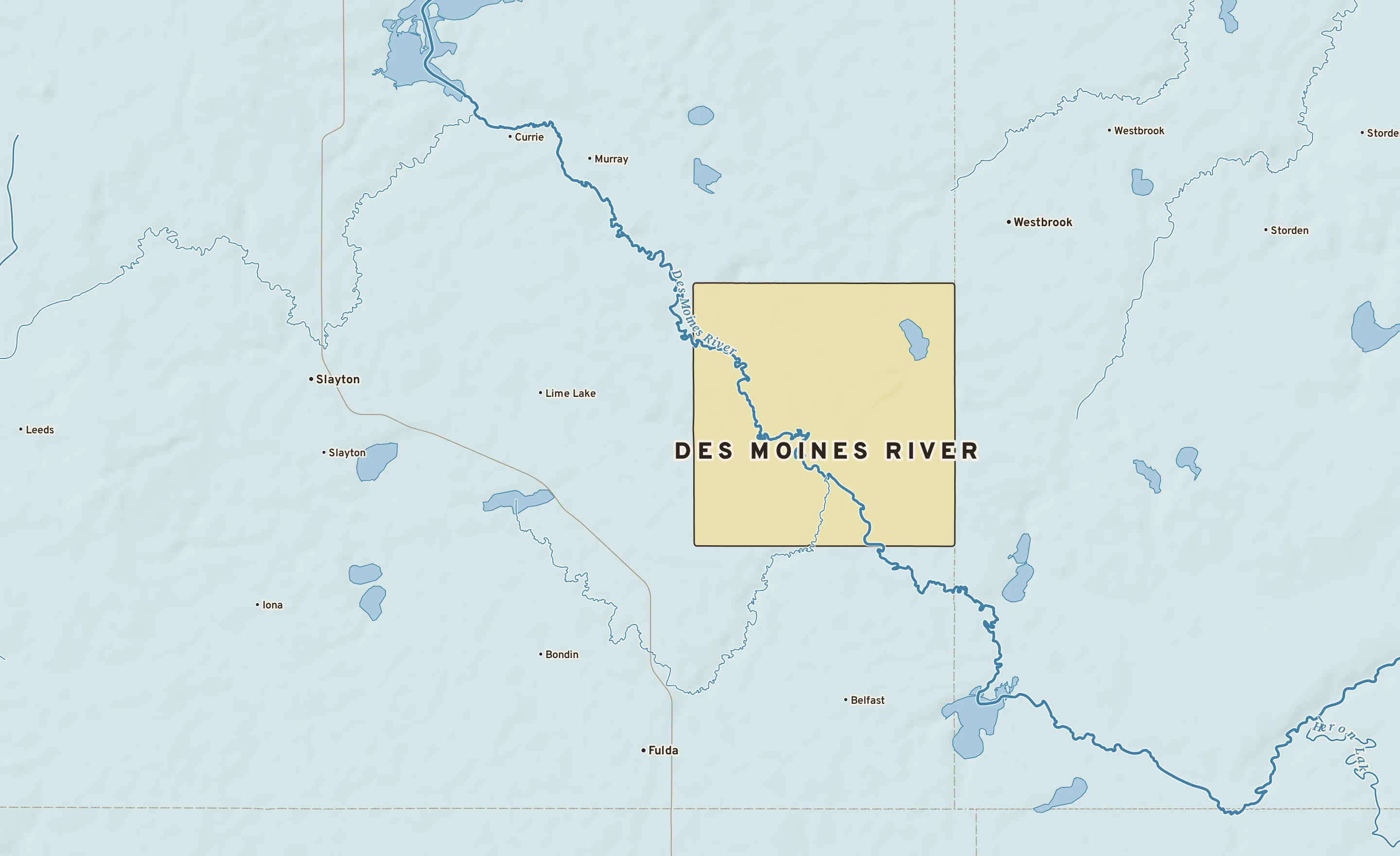 Shaded-relief atlas plate of Des Moines River, Minnesota: rivers, roads, the city limits and where the water drains.