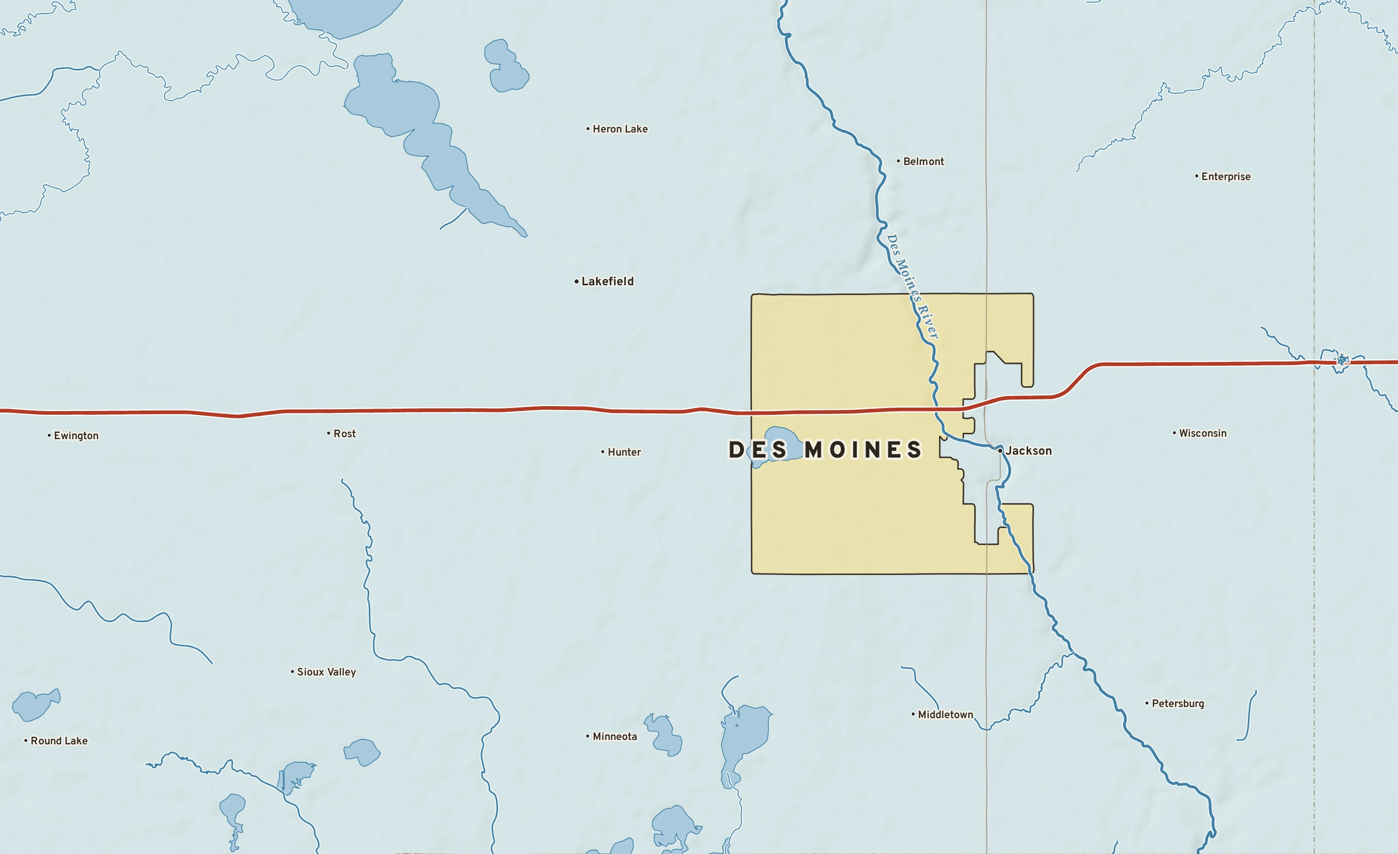 Shaded-relief atlas plate of Des Moines, Minnesota: rivers, roads, the city limits and where the water drains.