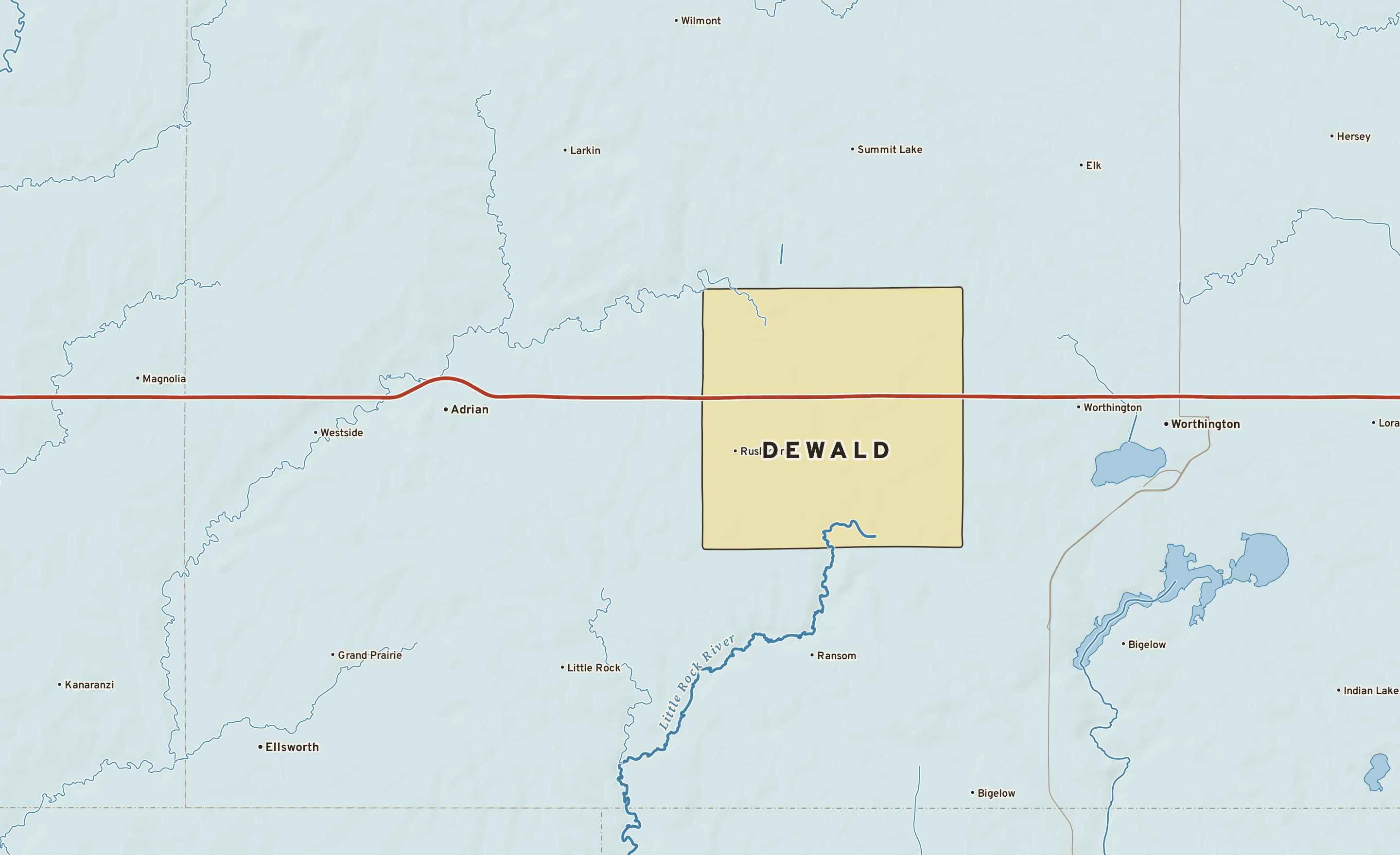 Shaded-relief atlas plate of Dewald, Minnesota: rivers, roads, the city limits and where the water drains.
