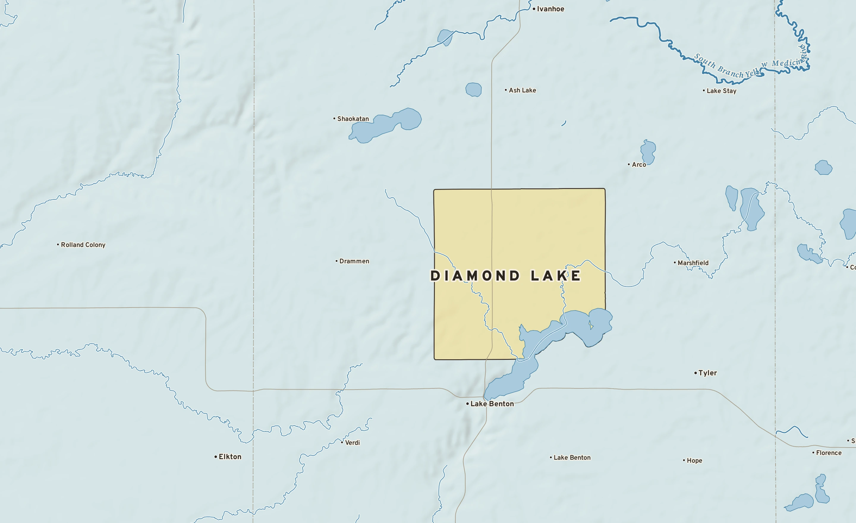Shaded-relief atlas plate of Diamond Lake, Minnesota: rivers, roads, the city limits and where the water drains.