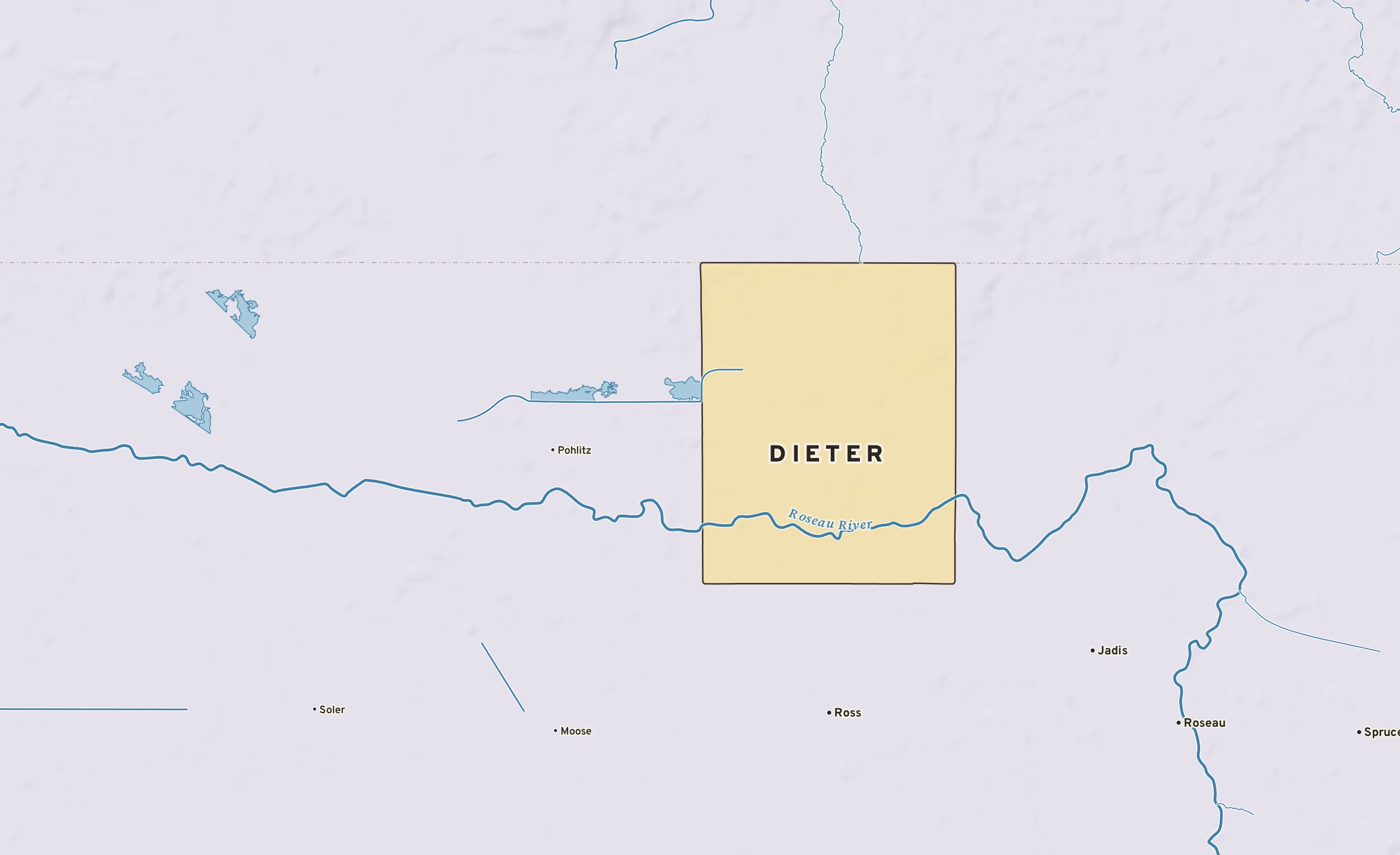 Shaded-relief atlas plate of Dieter, Minnesota: rivers, roads, the city limits and where the water drains.