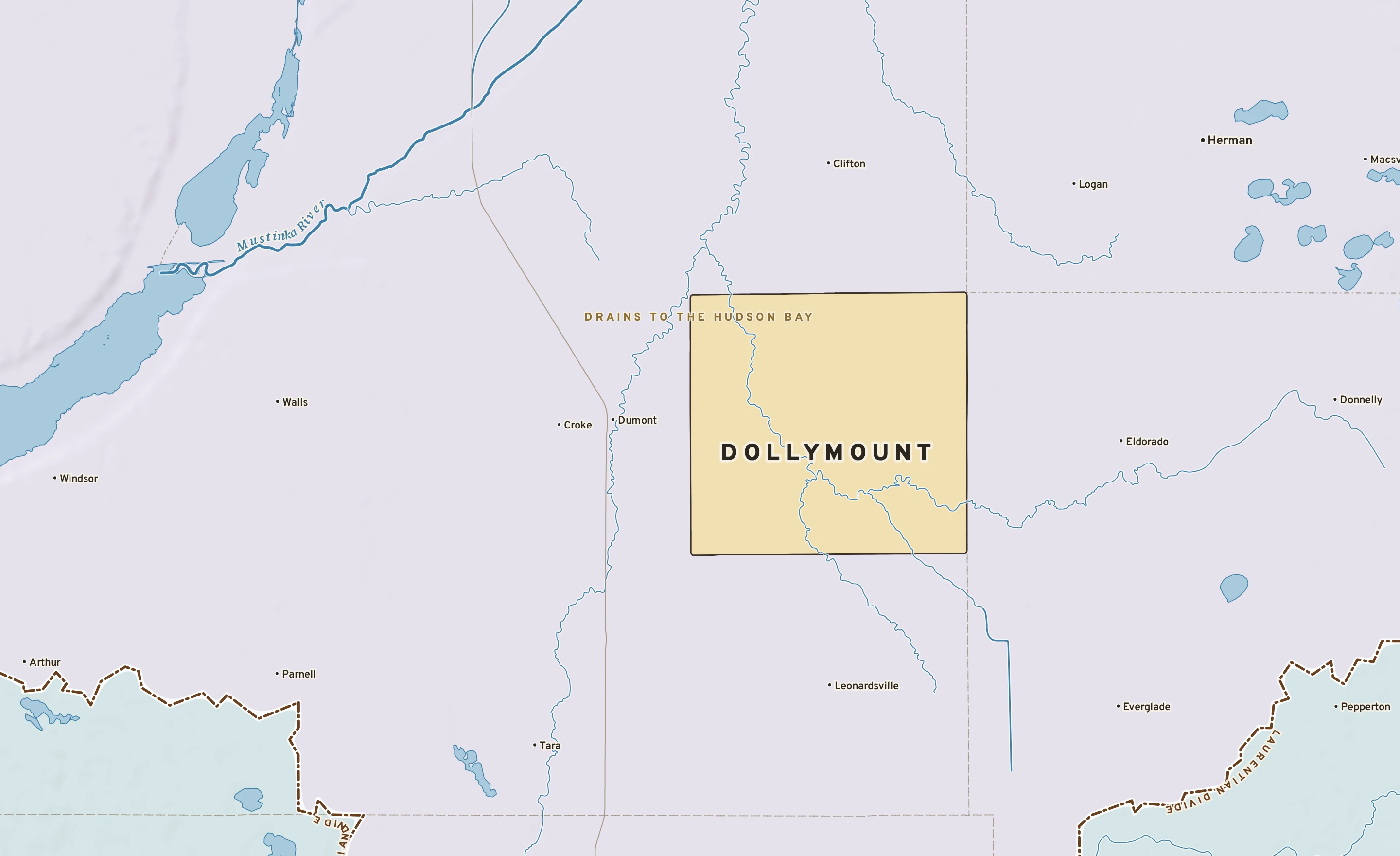 Shaded-relief atlas plate of Dollymount, Minnesota: rivers, roads, the city limits and where the water drains.