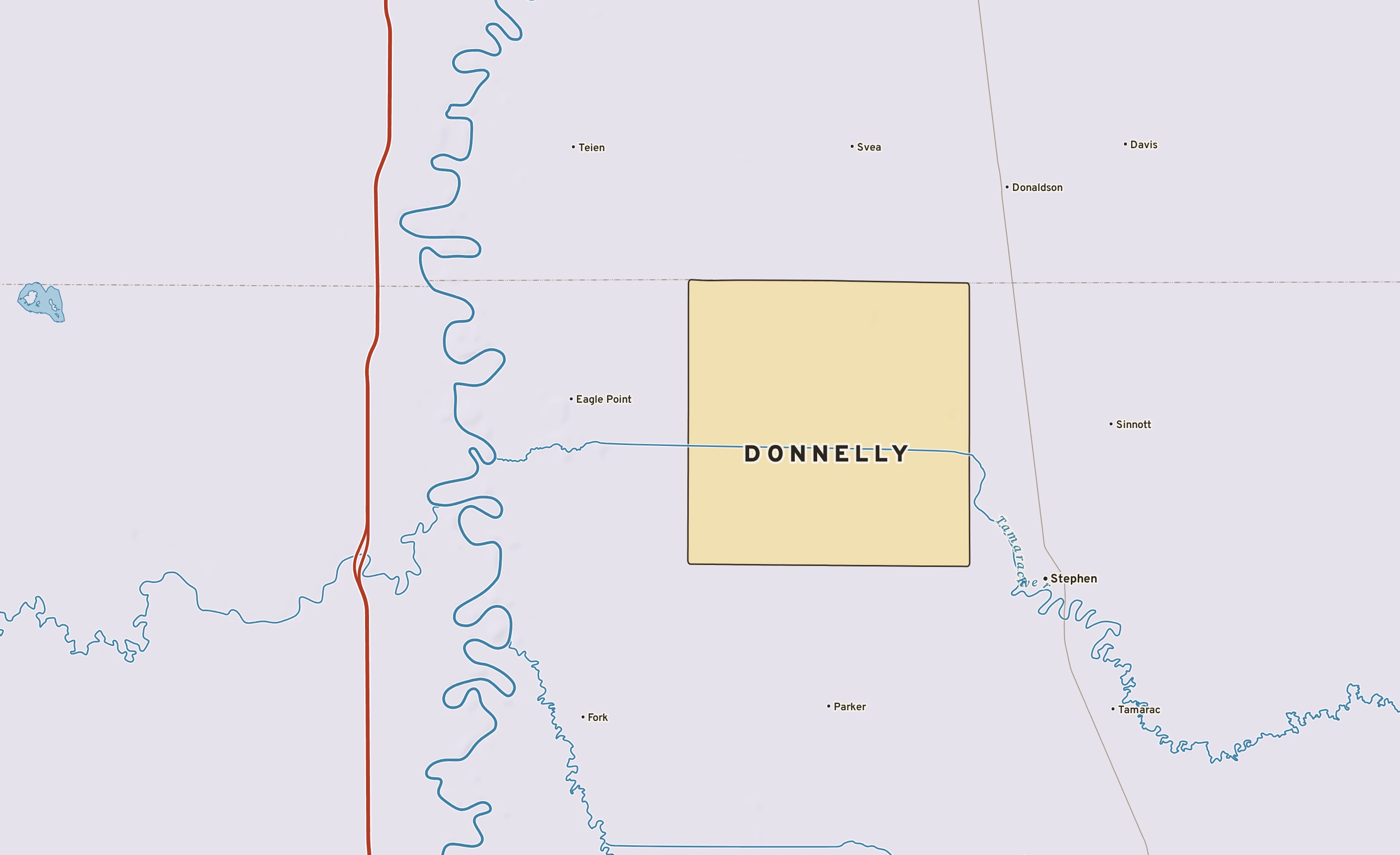 Shaded-relief atlas plate of Donnelly, Minnesota: rivers, roads, the city limits and where the water drains.