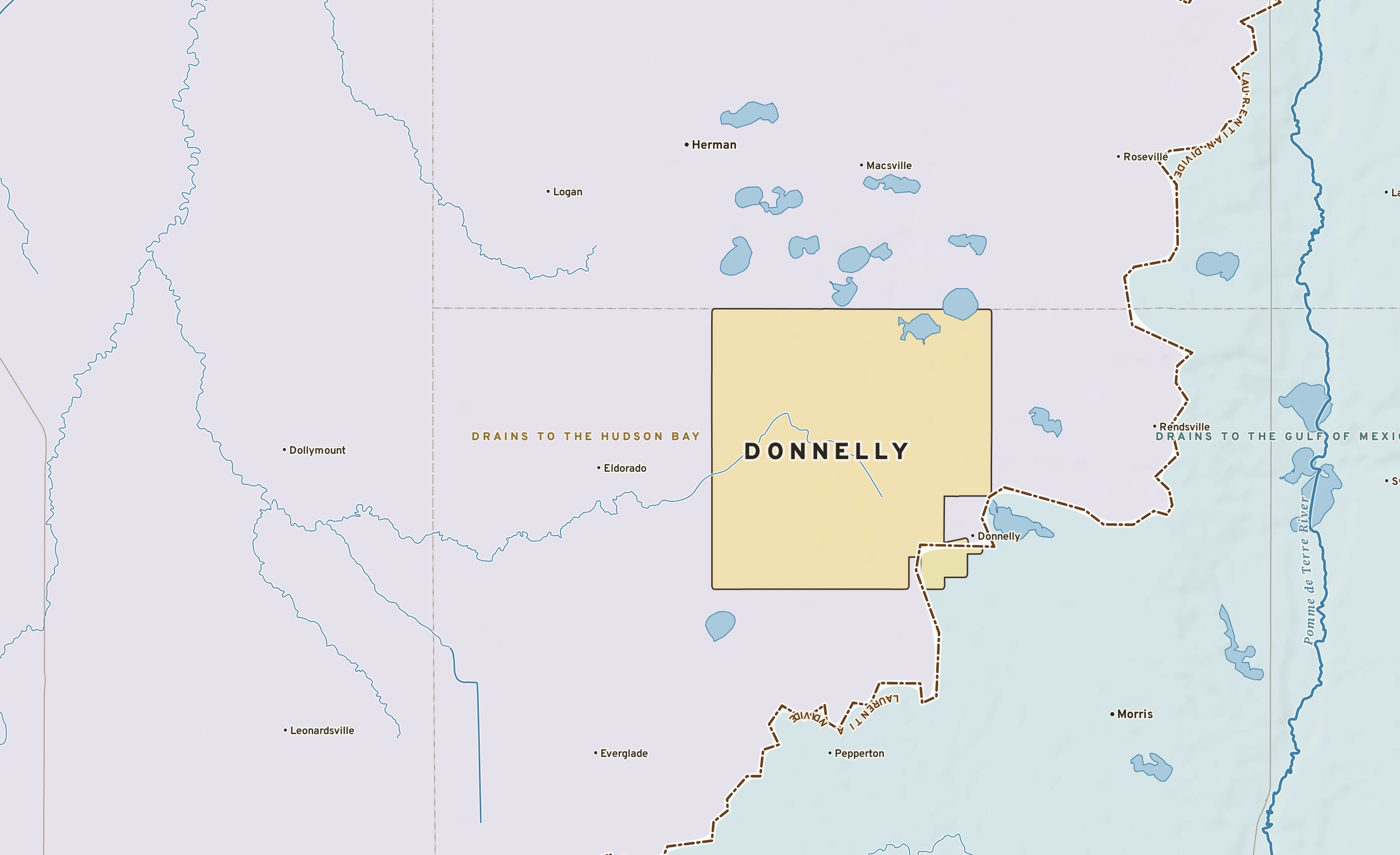 Shaded-relief atlas plate of Donnelly, Minnesota: rivers, roads, the city limits and where the water drains.