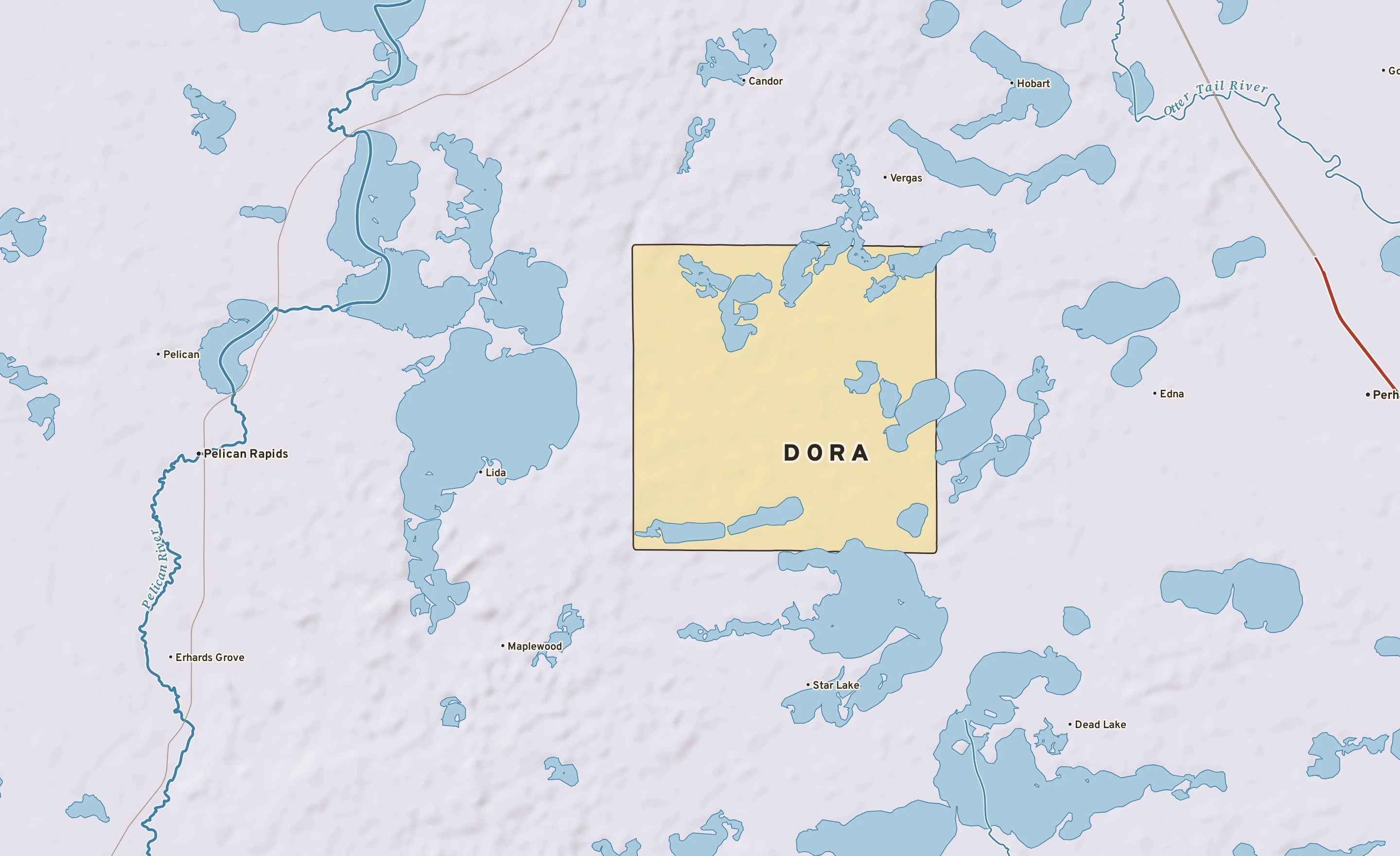 Shaded-relief atlas plate of Dora, Minnesota: rivers, roads, the city limits and where the water drains.