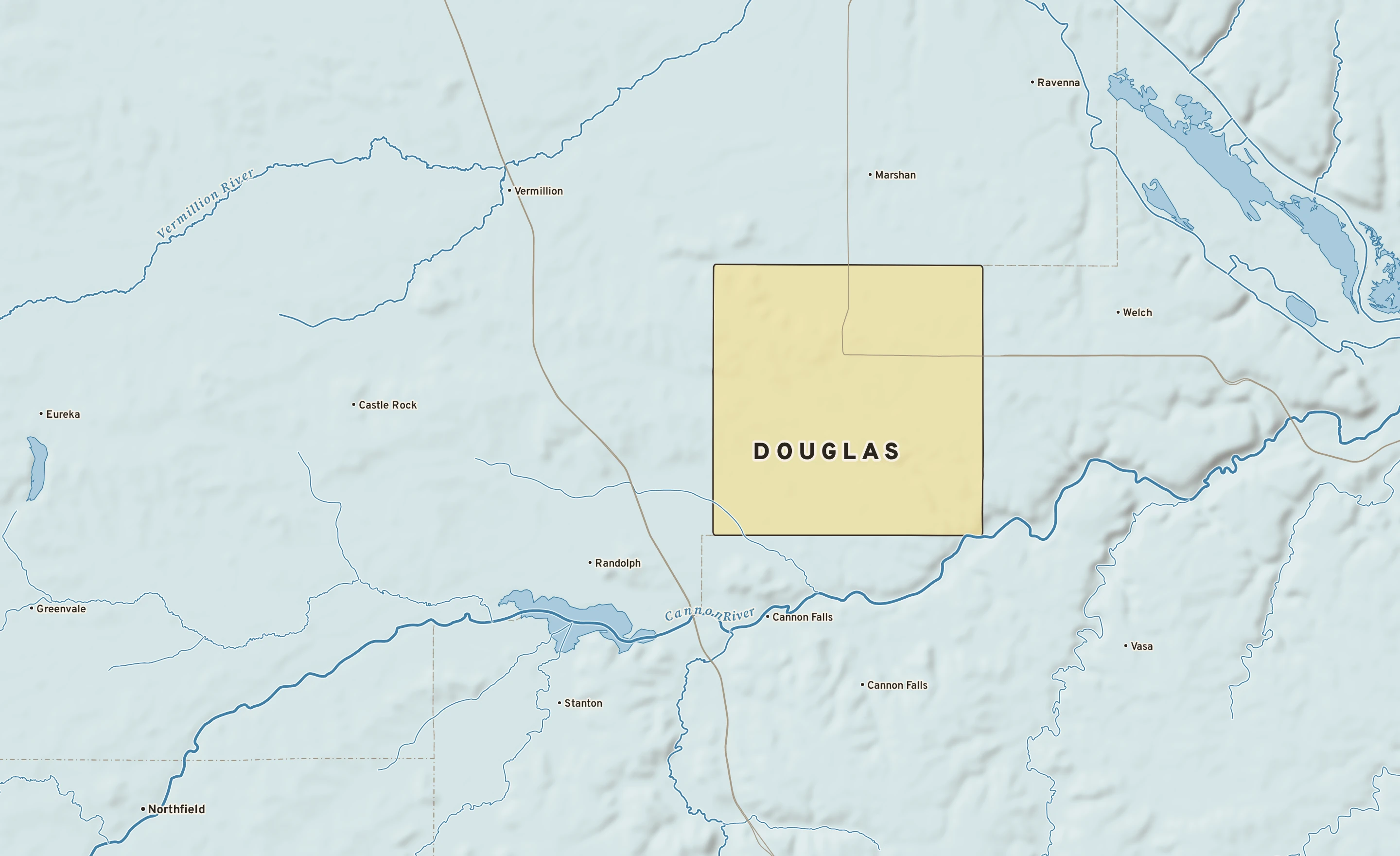 Shaded-relief atlas plate of Douglas, Minnesota: rivers, roads, the city limits and where the water drains.