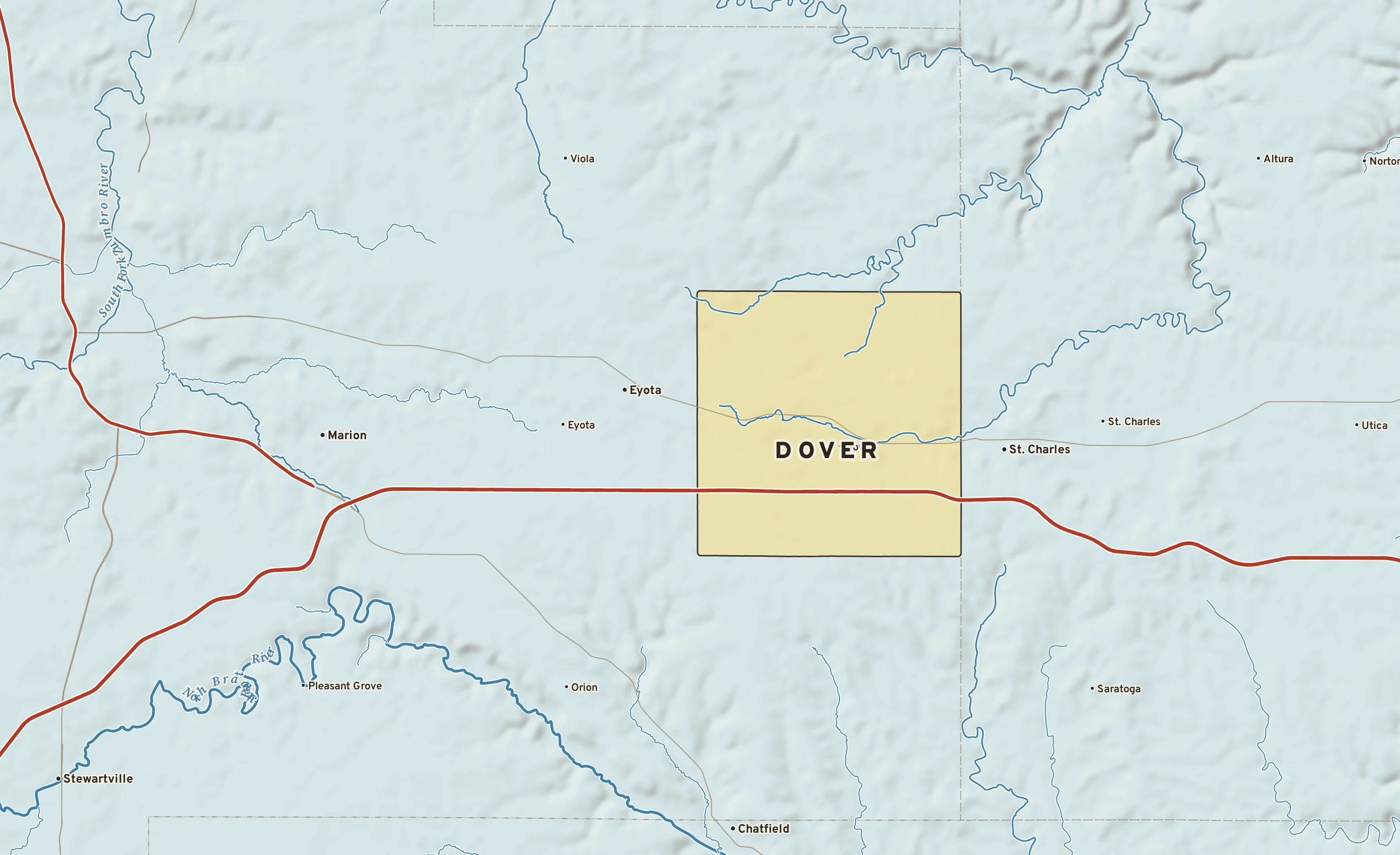 Shaded-relief atlas plate of Dover, Minnesota: rivers, roads, the city limits and where the water drains.