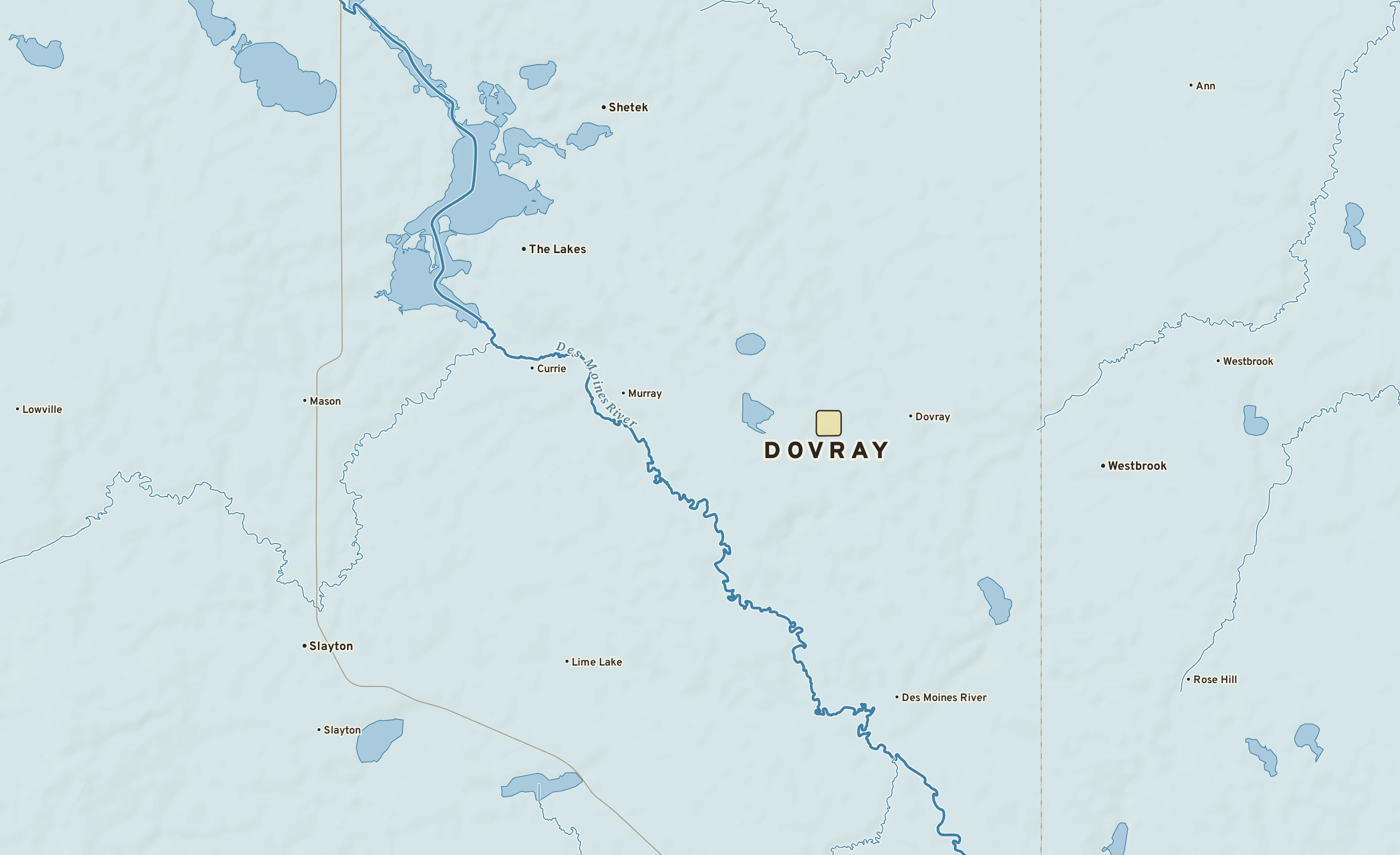 Shaded-relief atlas plate of Dovray, Minnesota: rivers, roads, the city limits and where the water drains.