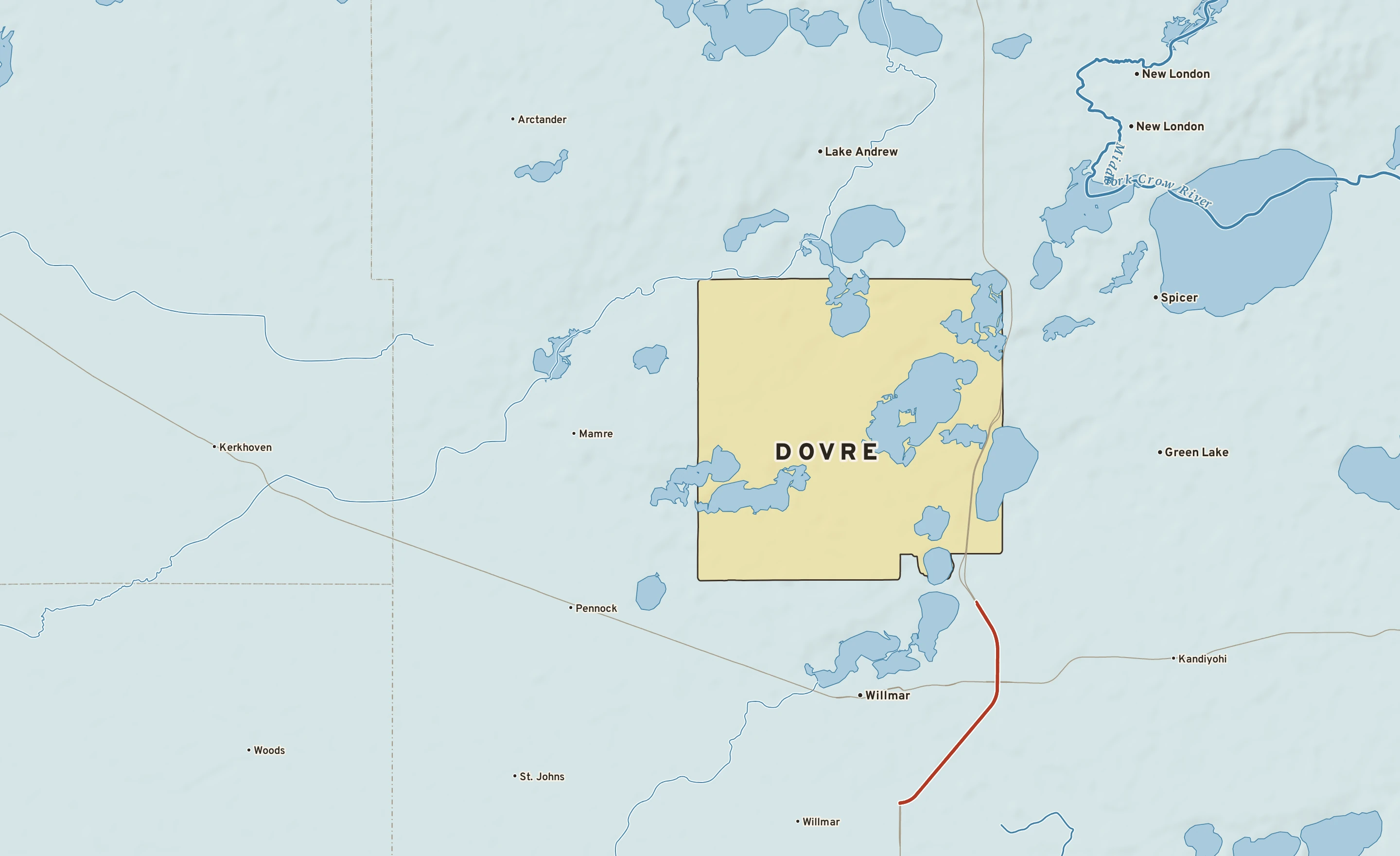 Shaded-relief atlas plate of Dovre, Minnesota: rivers, roads, the city limits and where the water drains.