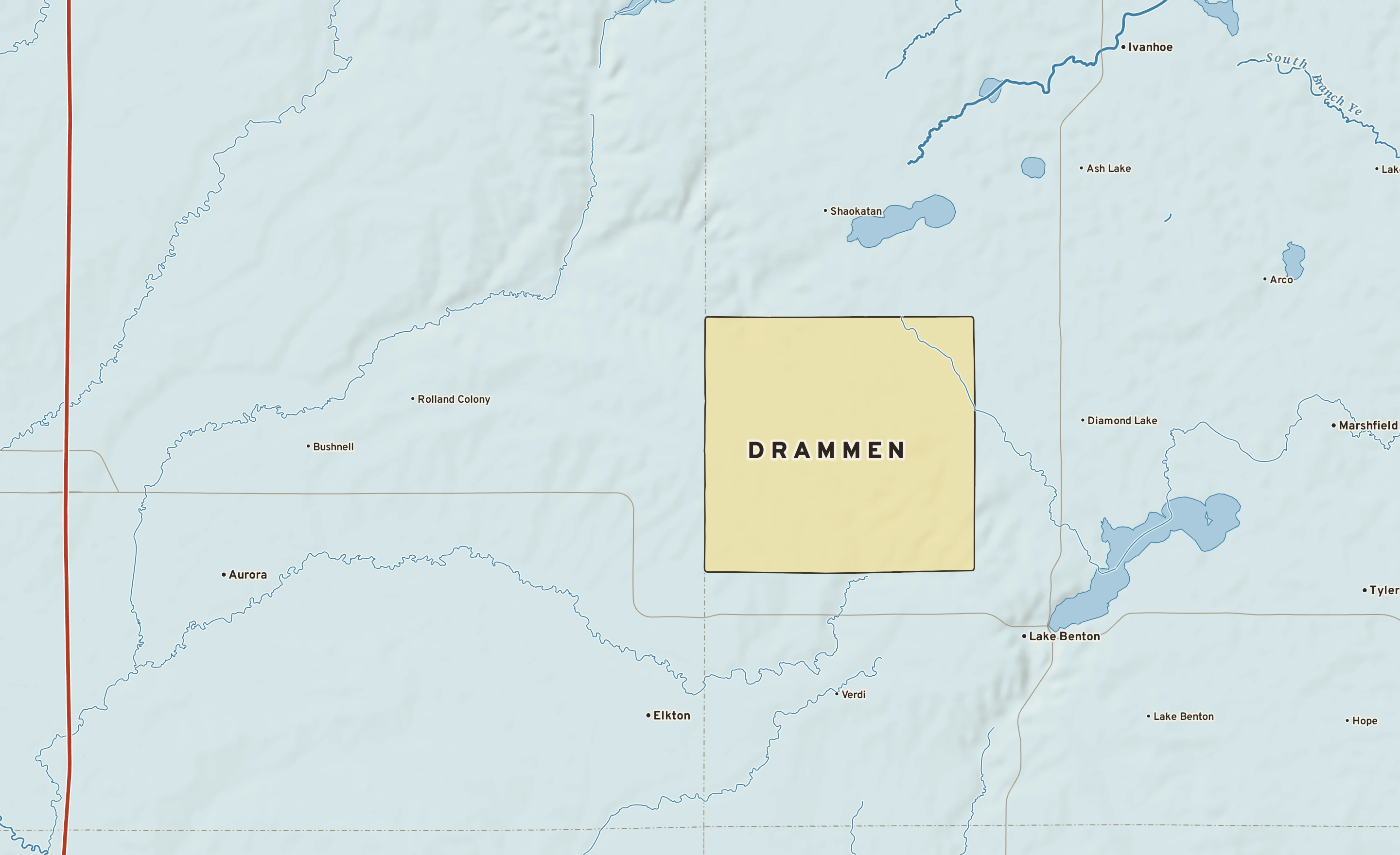 Shaded-relief atlas plate of Drammen, Minnesota: rivers, roads, the city limits and where the water drains.