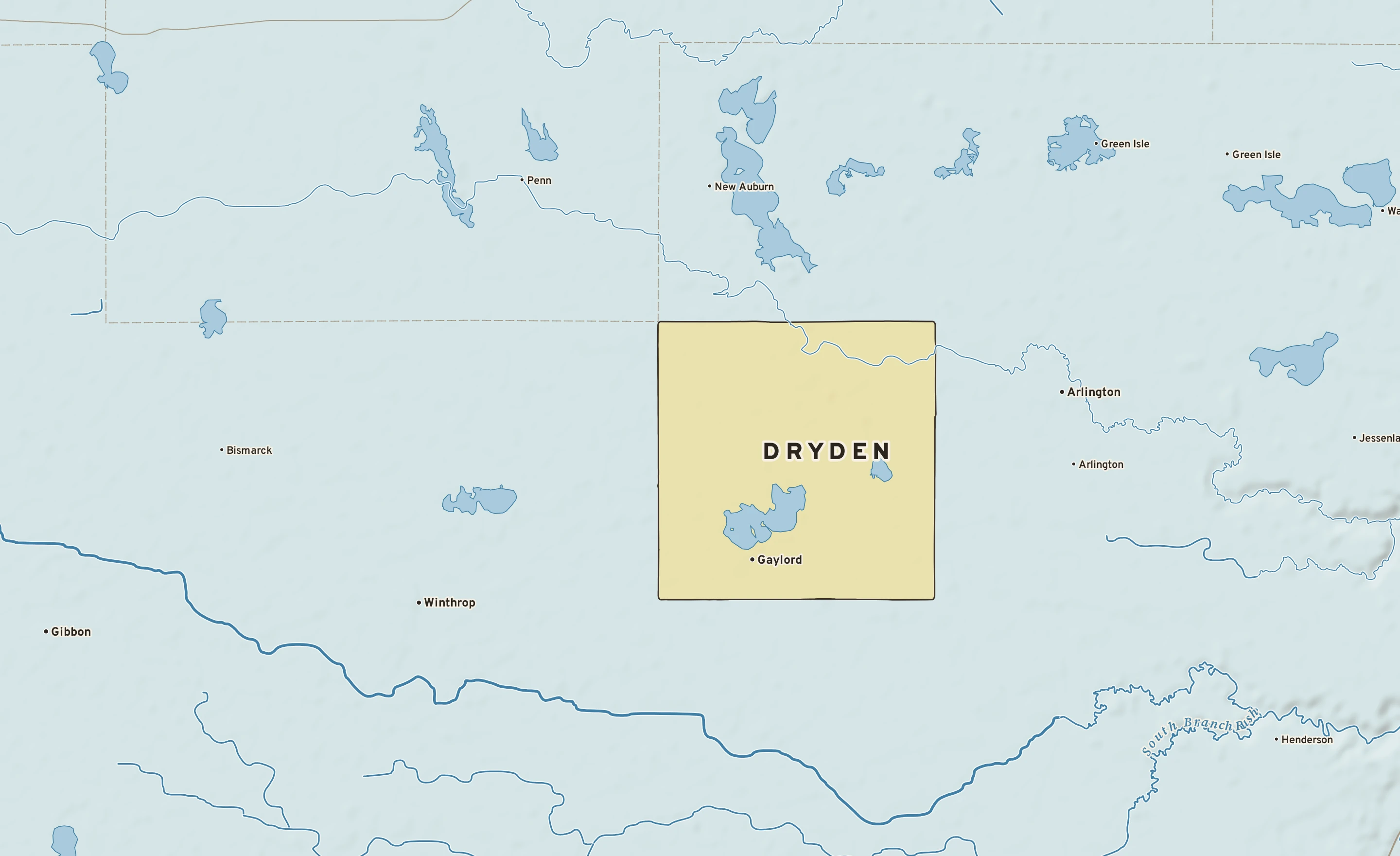 Shaded-relief atlas plate of Dryden, Minnesota: rivers, roads, the city limits and where the water drains.