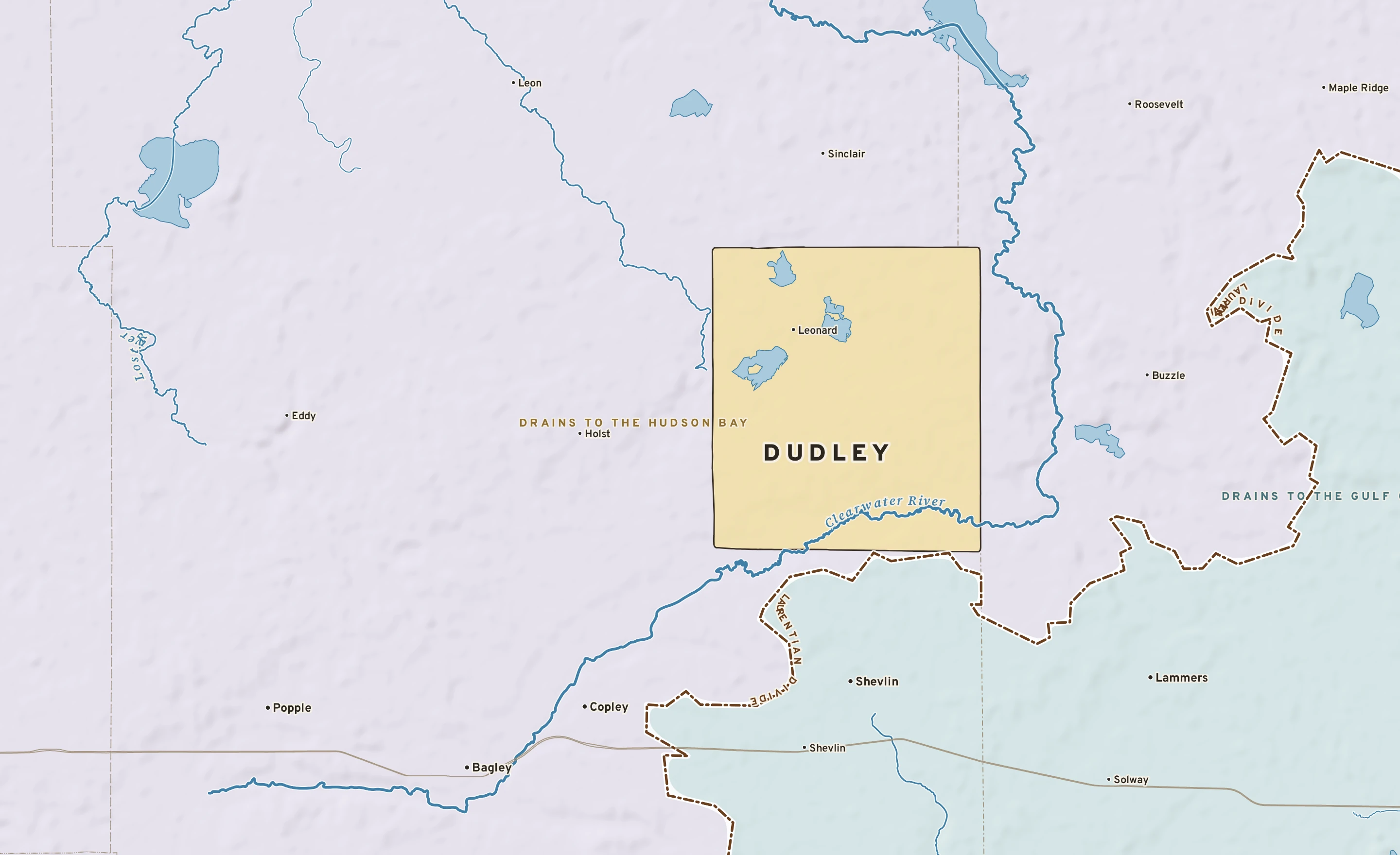 Shaded-relief atlas plate of Dudley, Minnesota: rivers, roads, the city limits and where the water drains.