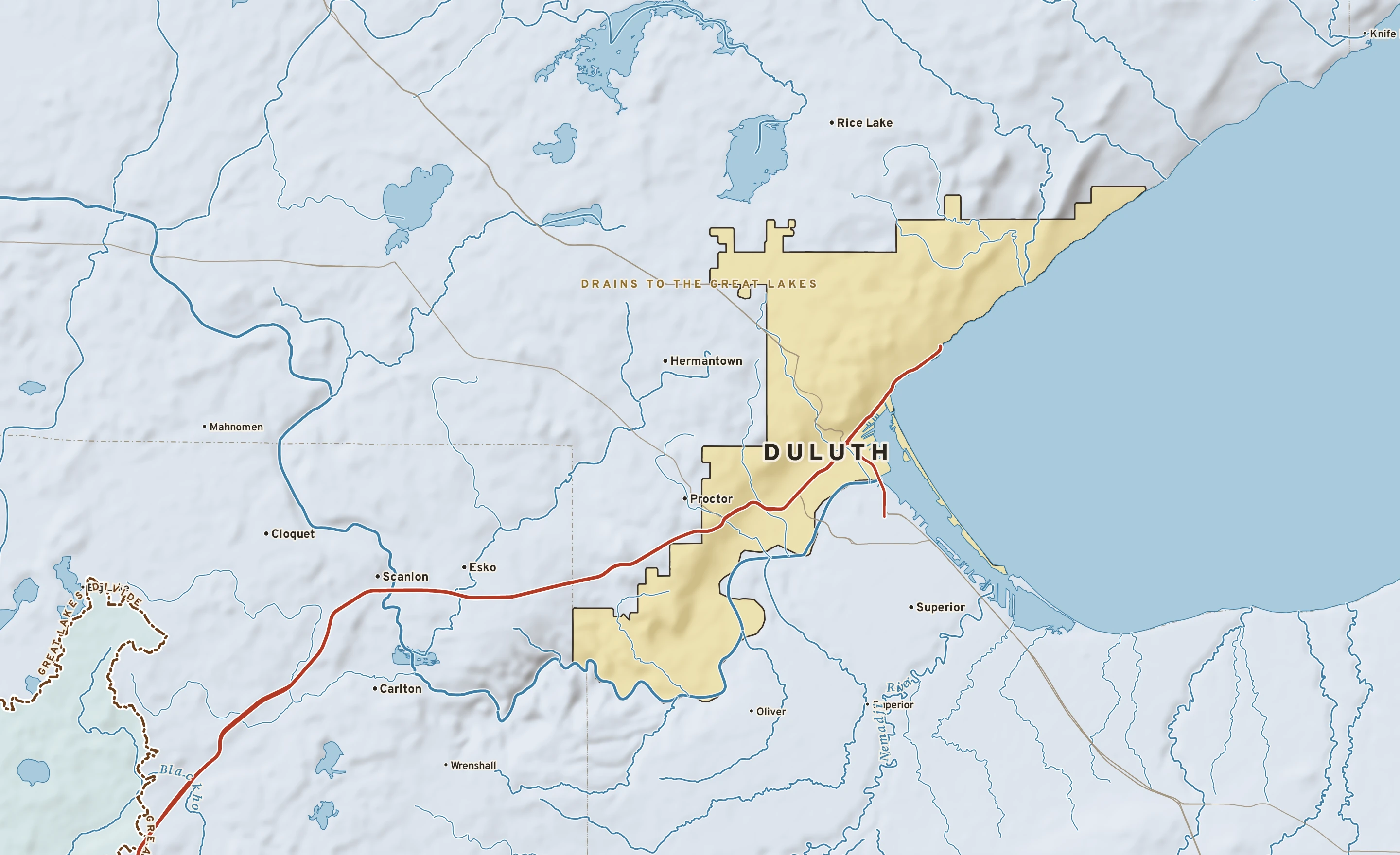 Shaded-relief atlas plate of Duluth, Minnesota: rivers, roads, the city limits and where the water drains.