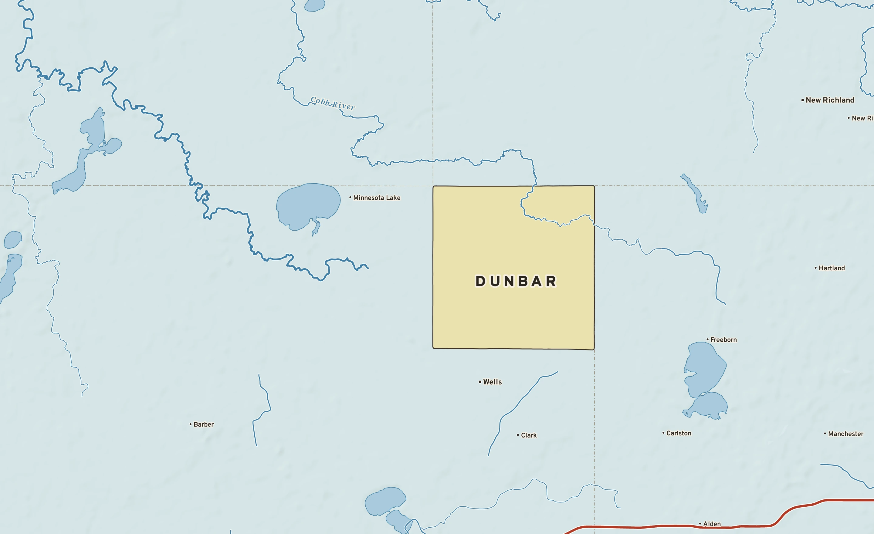 Shaded-relief atlas plate of Dunbar, Minnesota: rivers, roads, the city limits and where the water drains.