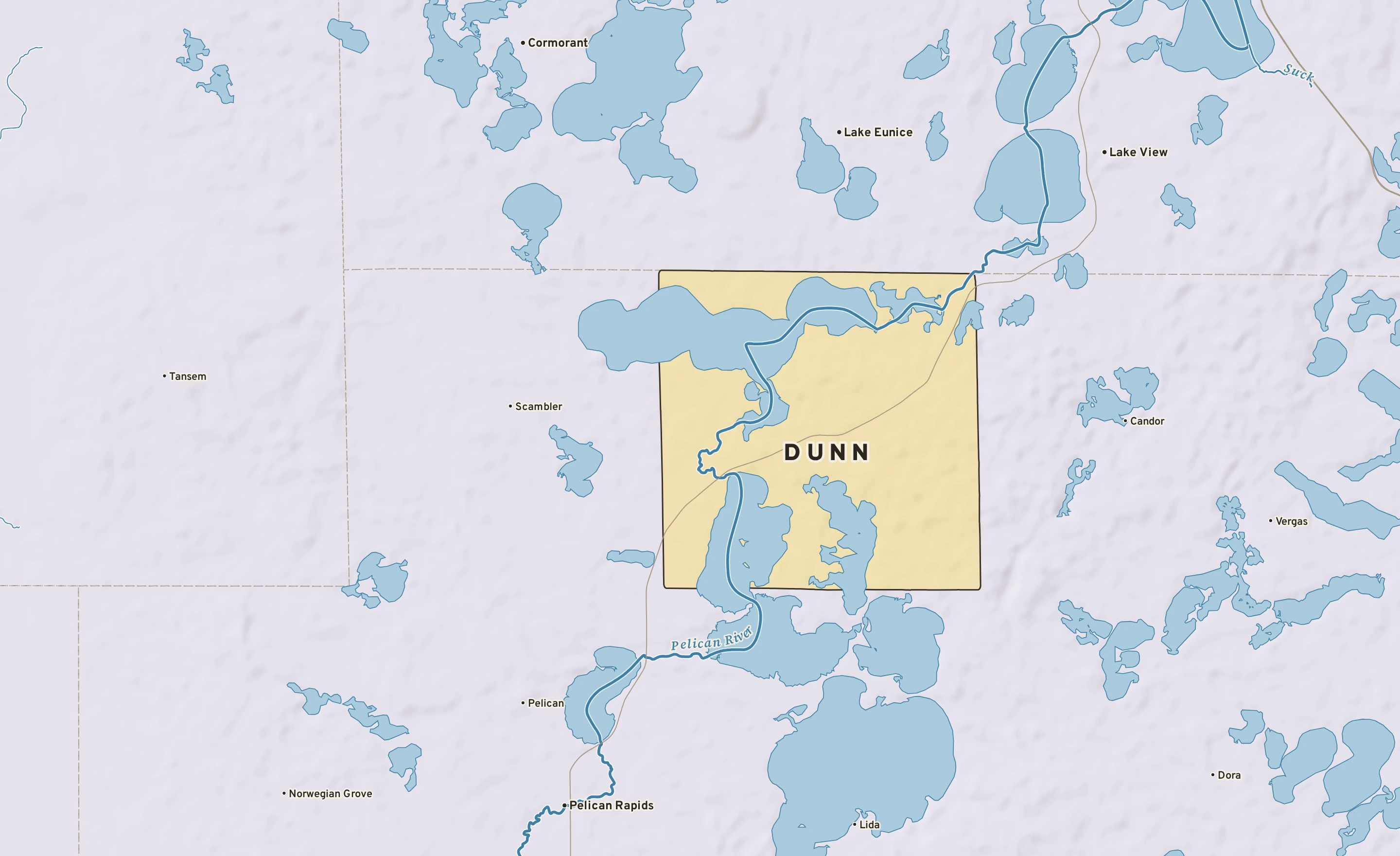 Shaded-relief atlas plate of Dunn, Minnesota: rivers, roads, the city limits and where the water drains.