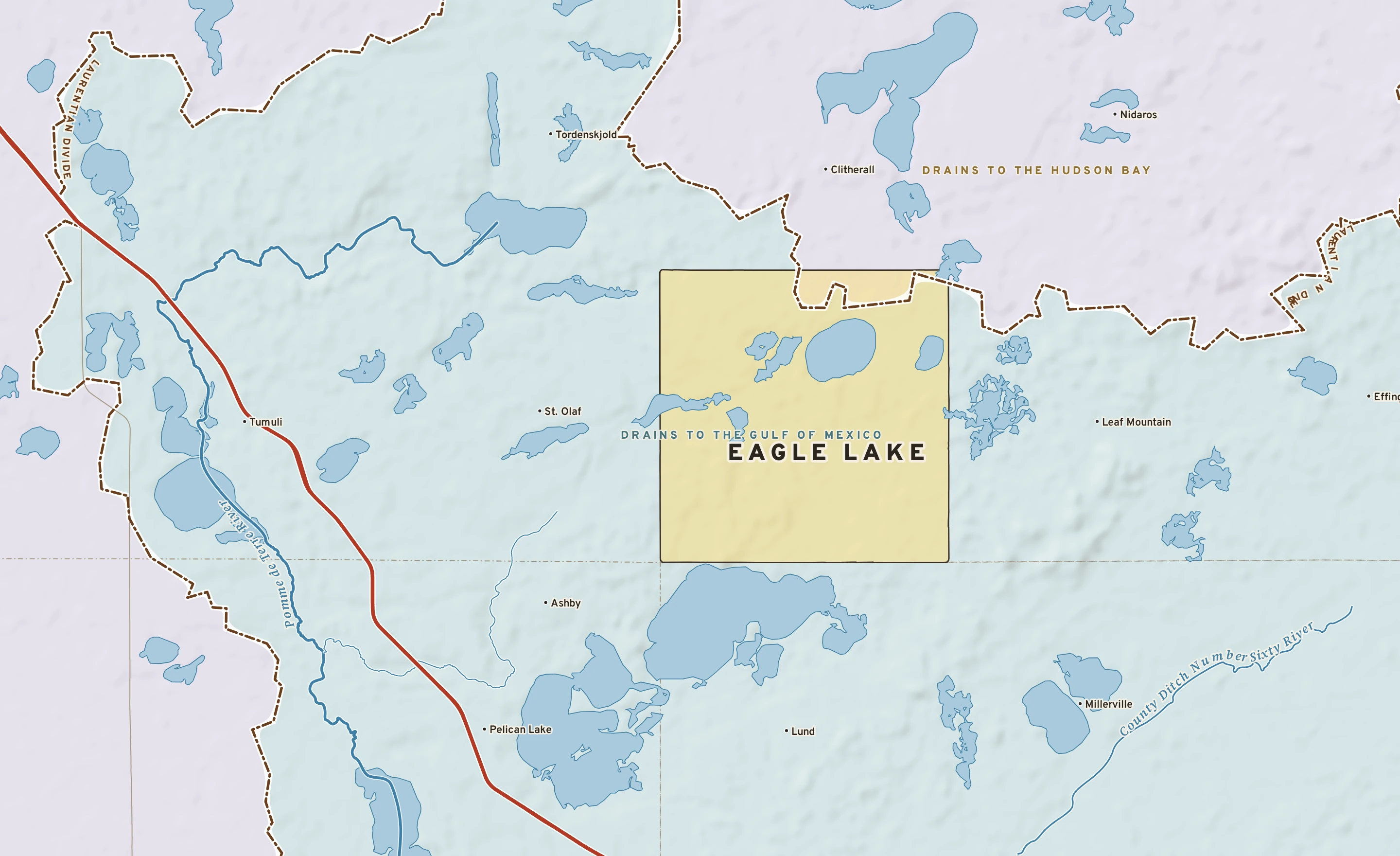 Shaded-relief atlas plate of Eagle Lake, Minnesota: rivers, roads, the city limits and where the water drains.