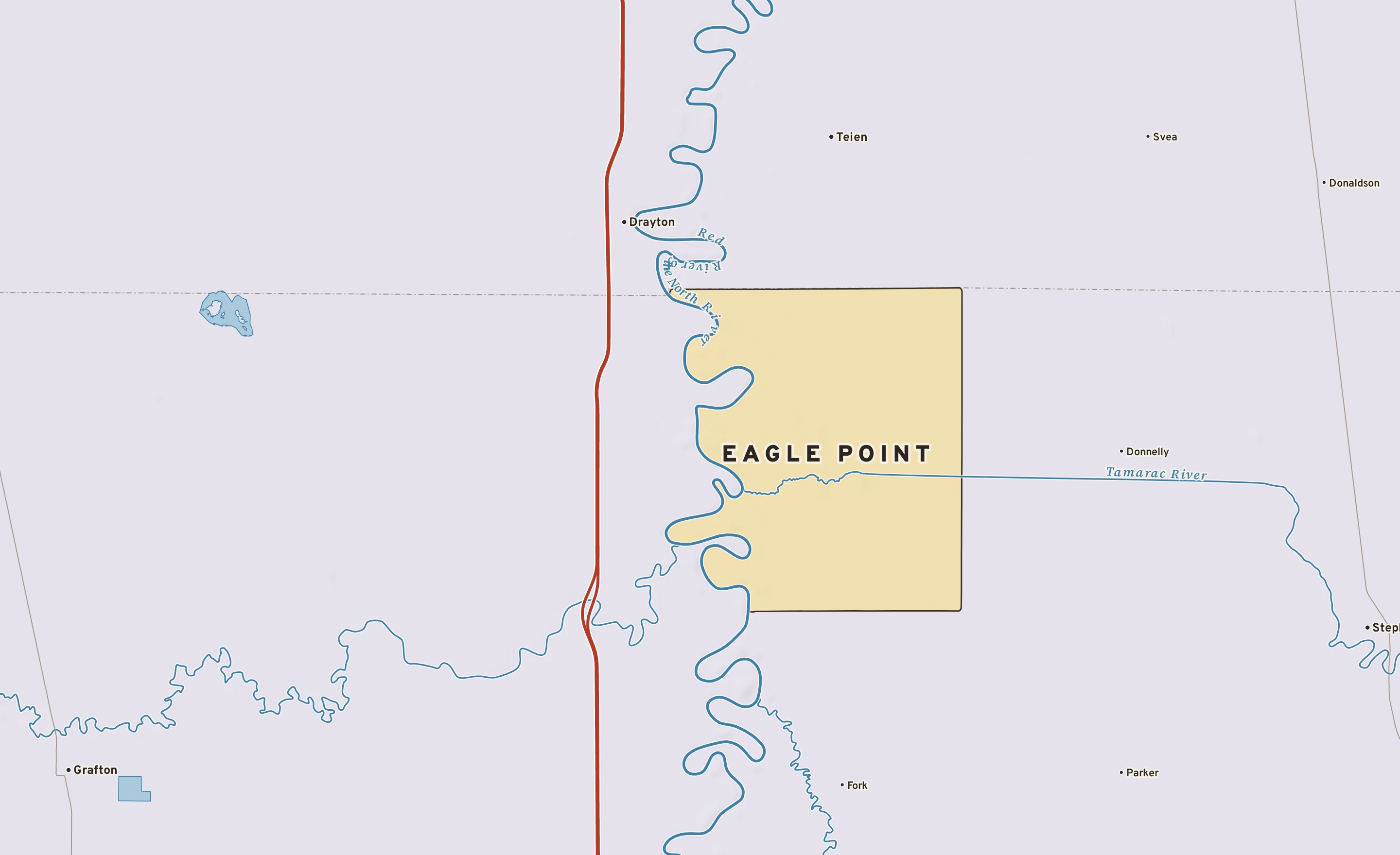 Shaded-relief atlas plate of Eagle Point, Minnesota: rivers, roads, the city limits and where the water drains.