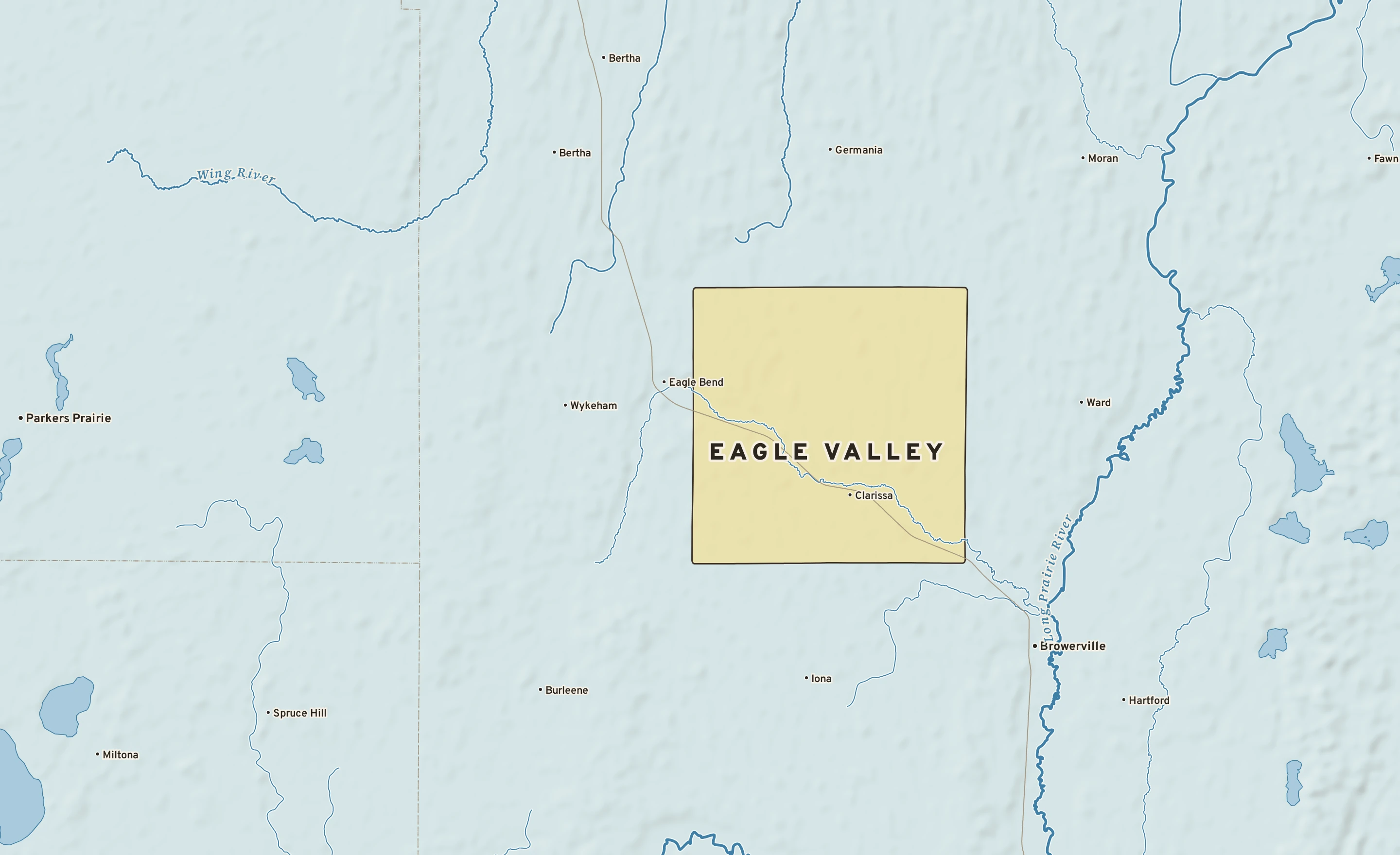 Shaded-relief atlas plate of Eagle Valley, Minnesota: rivers, roads, the city limits and where the water drains.