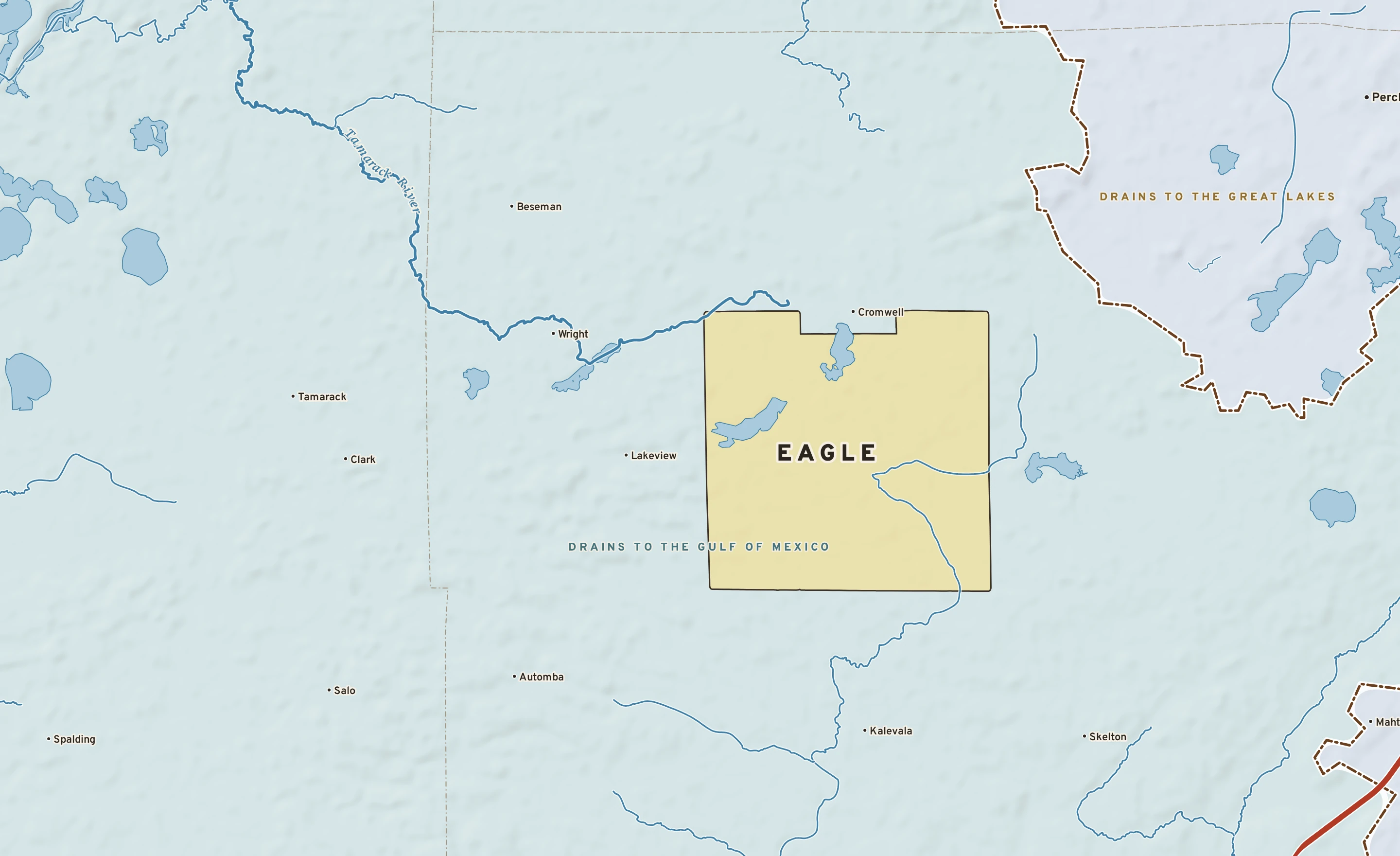 Shaded-relief atlas plate of Eagle, Minnesota: rivers, roads, the city limits and where the water drains.