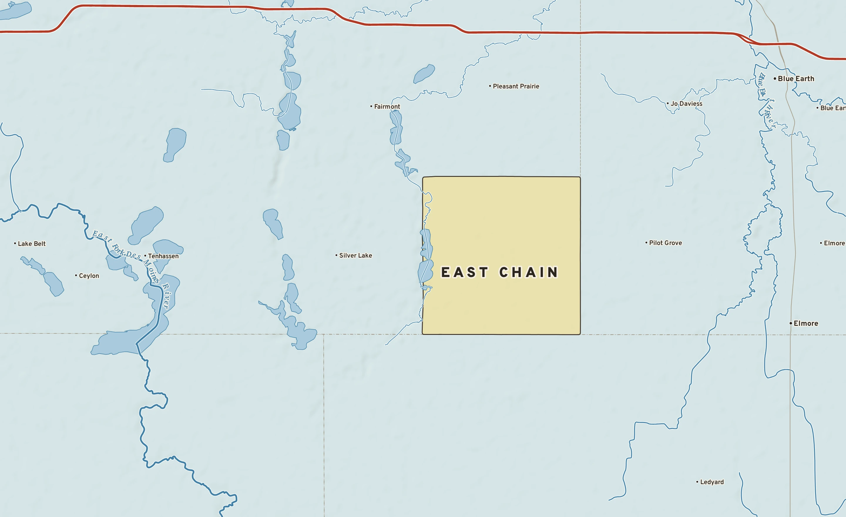 Shaded-relief atlas plate of East Chain, Minnesota: rivers, roads, the city limits and where the water drains.