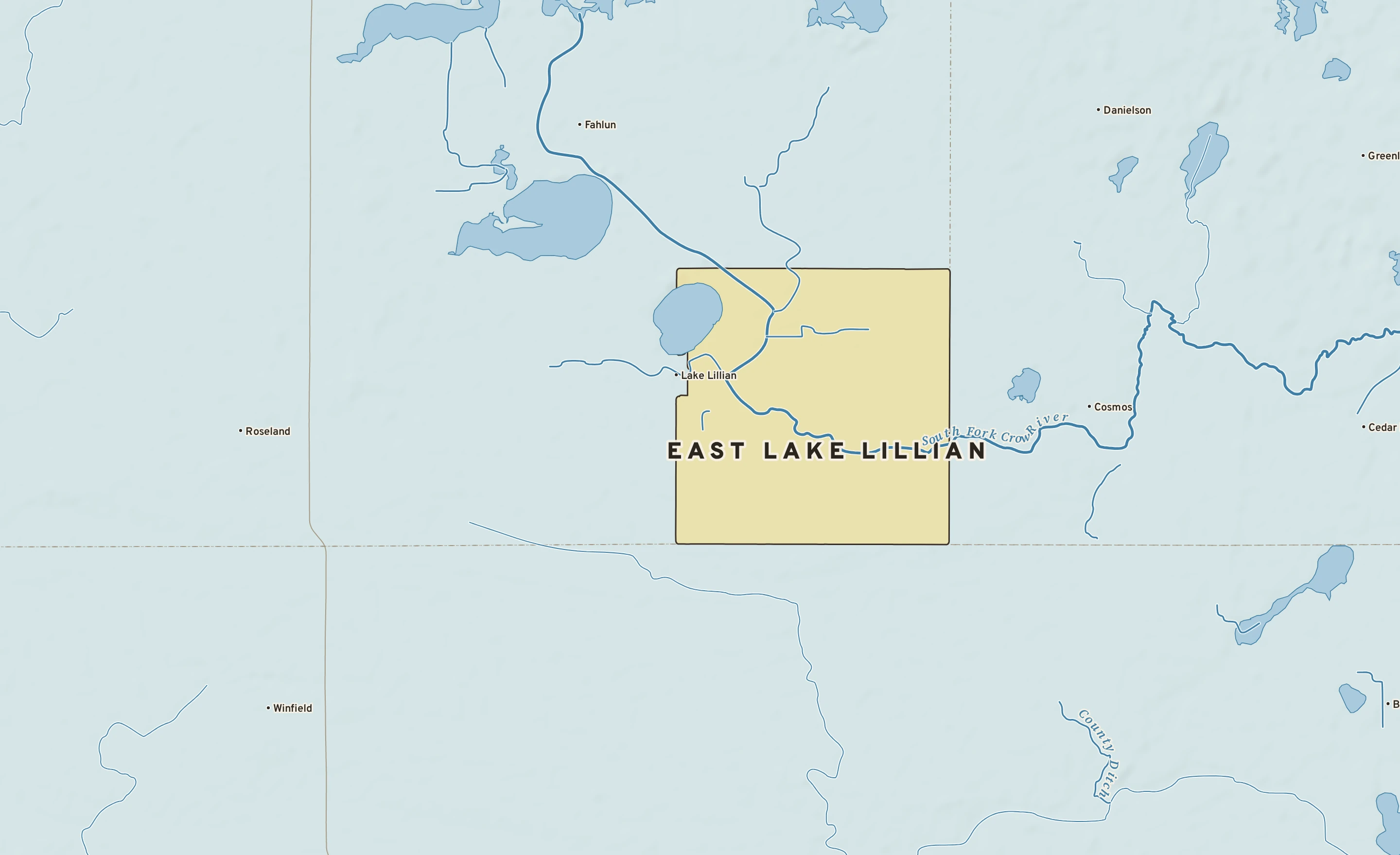 Shaded-relief atlas plate of East Lake Lillian, Minnesota: rivers, roads, the city limits and where the water drains.